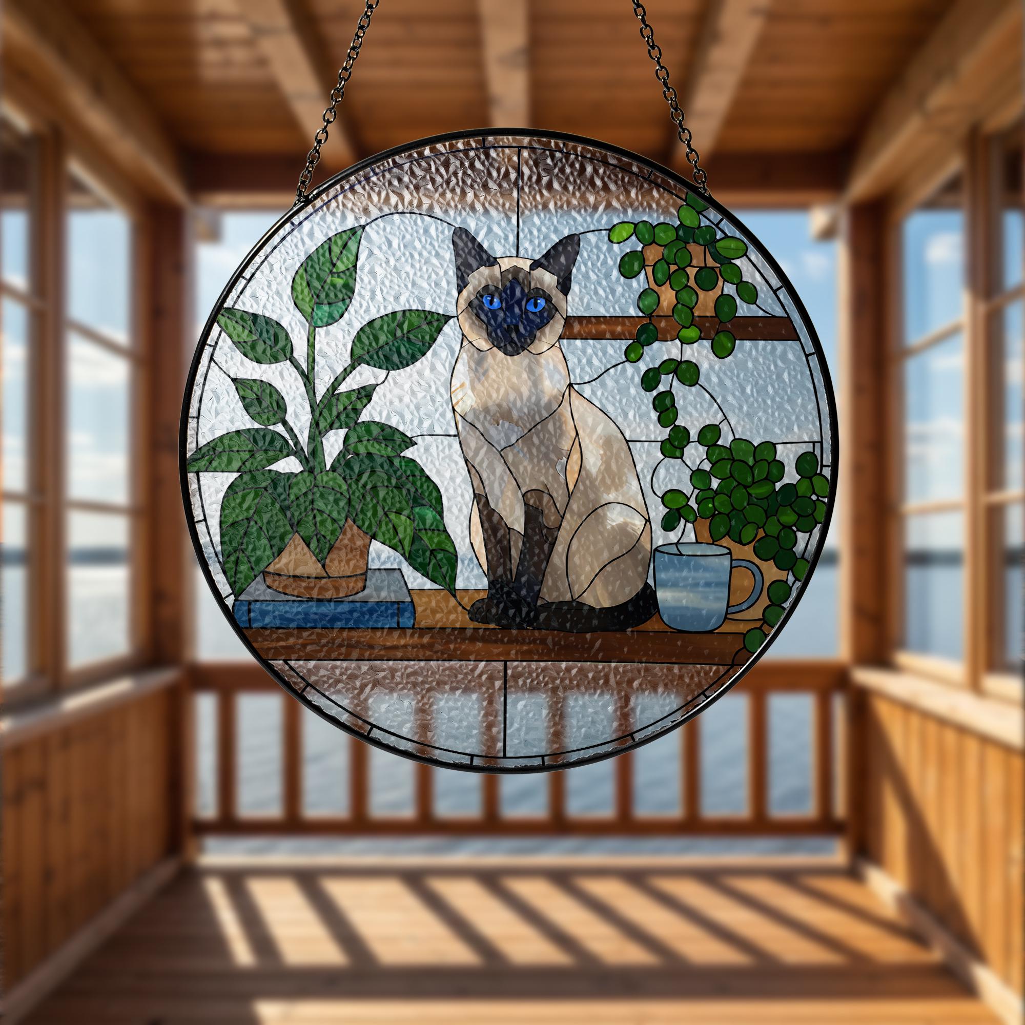 Siamese Cat Glass Suncatcher,  Glass Window Art, Cat Lover Gift, Plant BookShelf Decor, Handmade Glass Panel, Cat Home Decor,Siamese Cat Mom