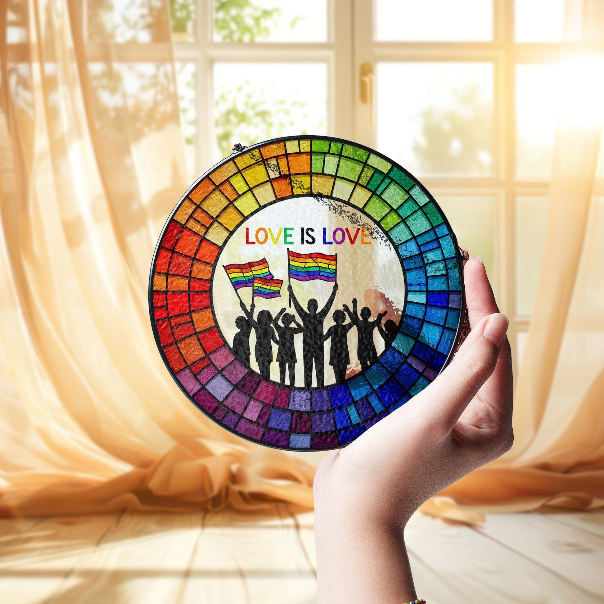 Love Is Love Glass Suncatcher - Rainbow Pride Window Hanging Decor - LGBTQ+ Glass Art - Equality Celebration, Pride Month Decor, LGBT Decor