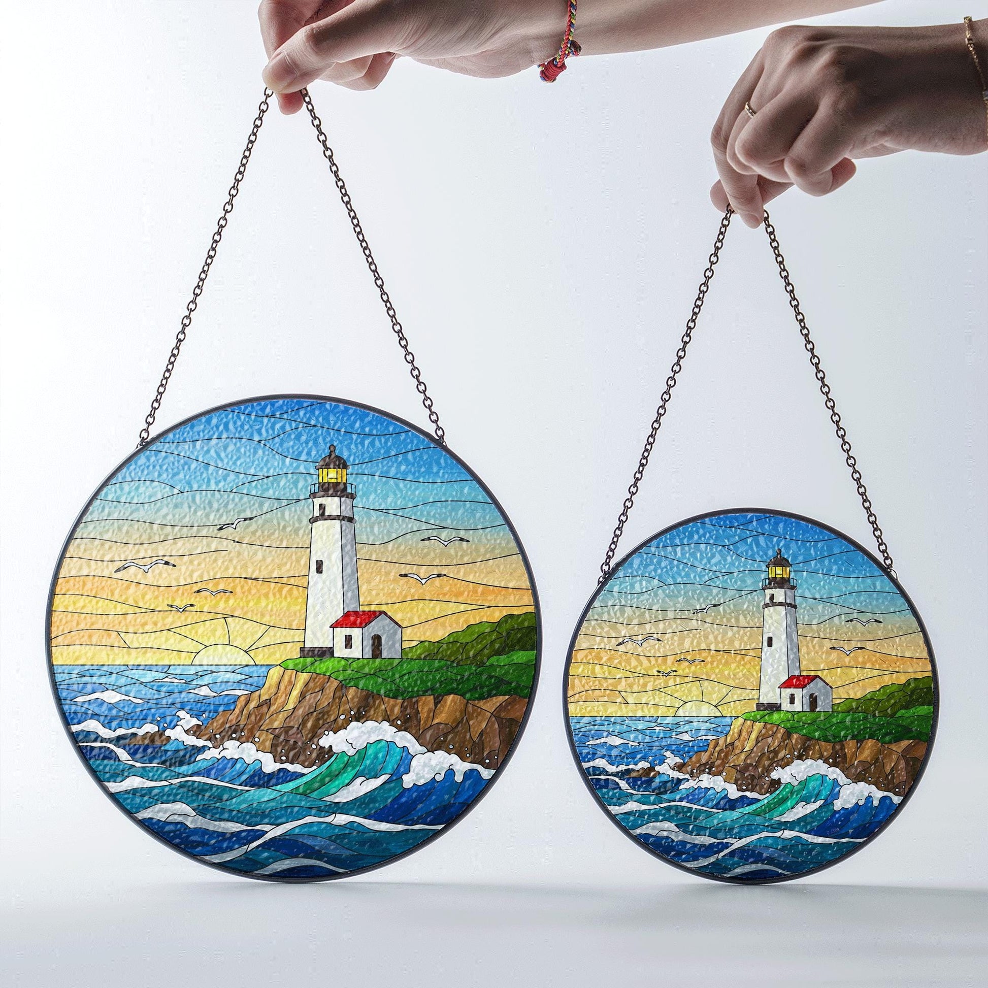 Coastal Lighthouse Glass Suncatcher – Nautical Ocean Window Decor, Seaside Sunset Panel, Beach House Stained Glass Art Gift