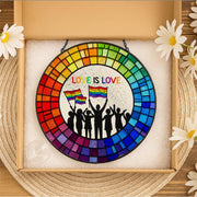 Love Is Love Glass Suncatcher - Rainbow Pride Window Hanging Decor - LGBTQ+ Glass Art - Equality Celebration, Pride Month Decor, LGBT Decor
