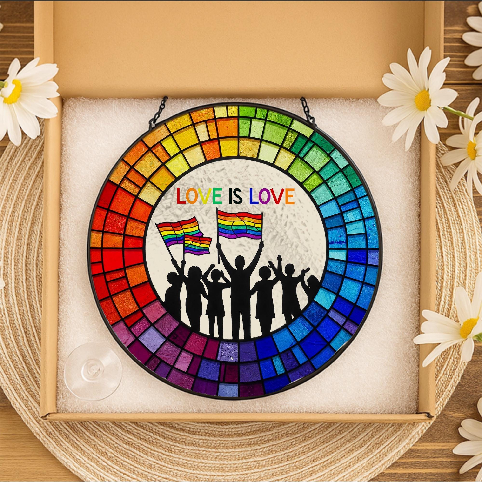 Love Is Love Glass Suncatcher - Rainbow Pride Window Hanging Decor - LGBTQ+ Glass Art - Equality Celebration, Pride Month Decor, LGBT Decor