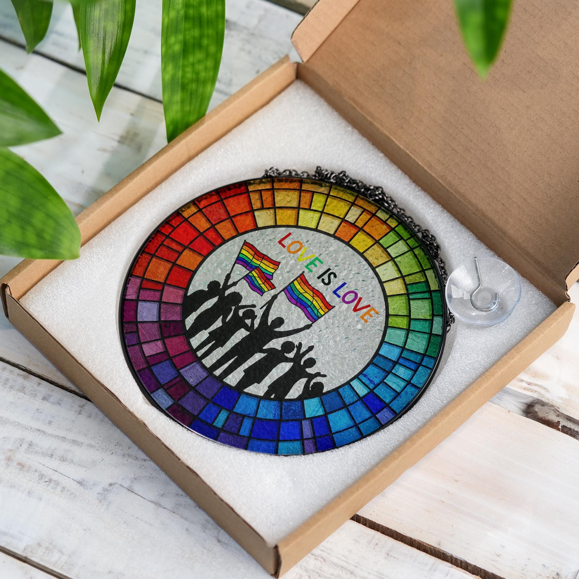 Love Is Love Glass Suncatcher - Rainbow Pride Window Hanging Decor - LGBTQ+ Glass Art - Equality Celebration, Pride Month Decor, LGBT Decor