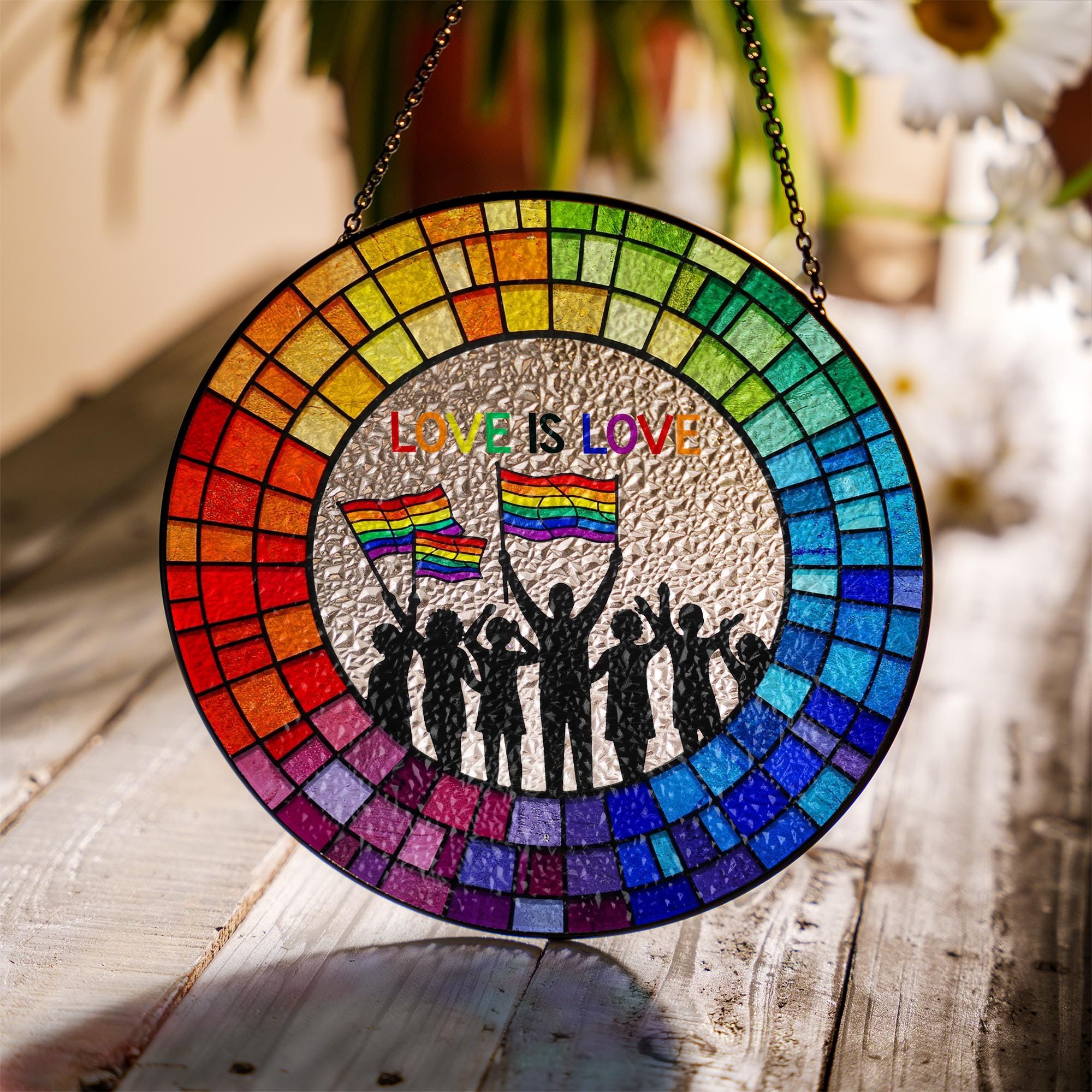 Love Is Love Glass Suncatcher - Rainbow Pride Window Hanging Decor - LGBTQ+ Glass Art - Equality Celebration, Pride Month Decor, LGBT Decor