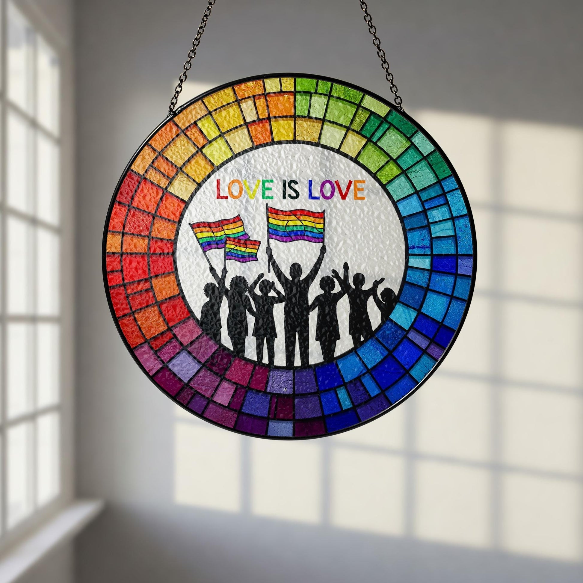 Love Is Love Glass Suncatcher - Rainbow Pride Window Hanging Decor - LGBTQ+ Glass Art - Equality Celebration, Pride Month Decor, LGBT Decor