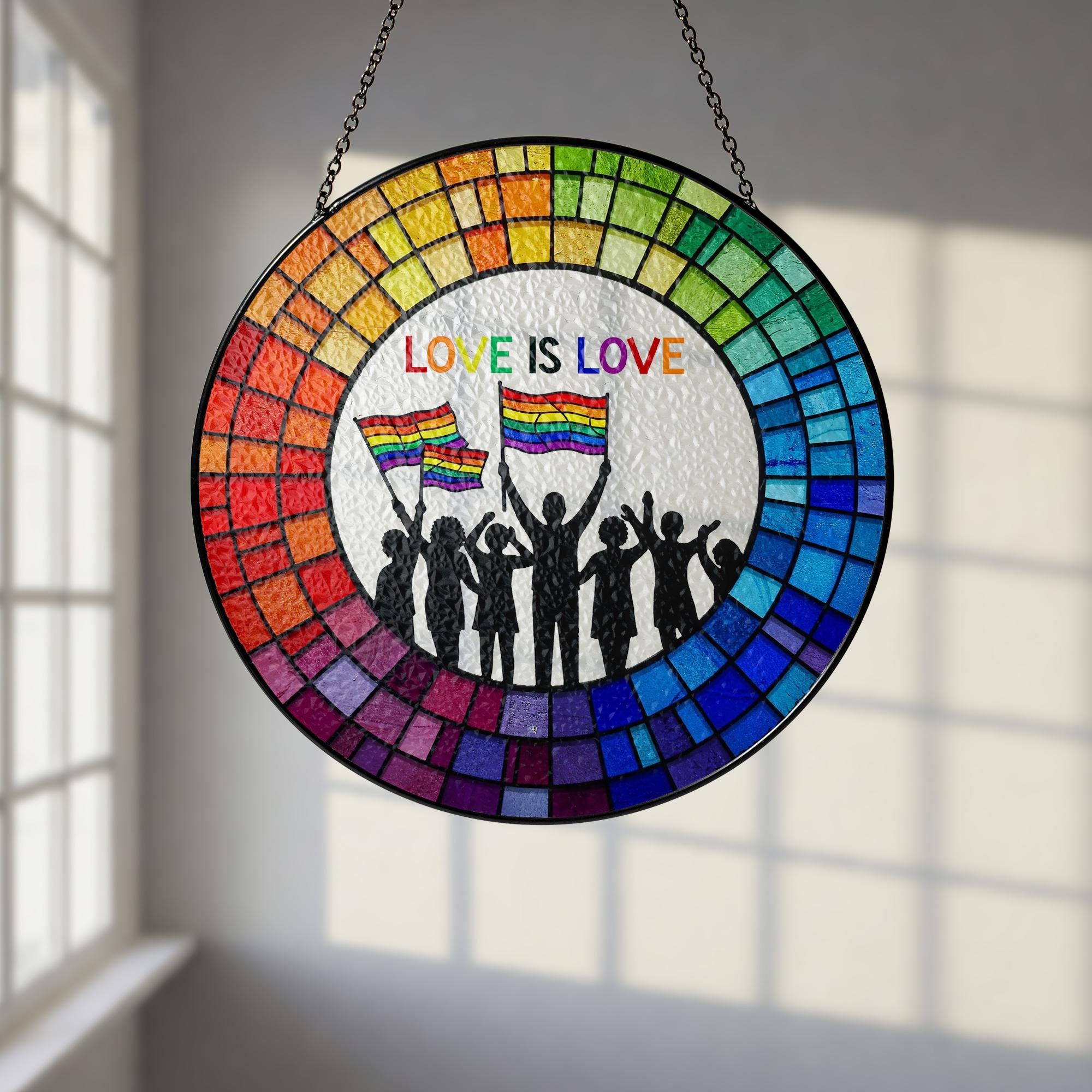 Love Is Love Glass Suncatcher - Rainbow Pride Window Hanging Decor - LGBTQ+ Glass Art - Equality Celebration, Pride Month Decor, LGBT Decor