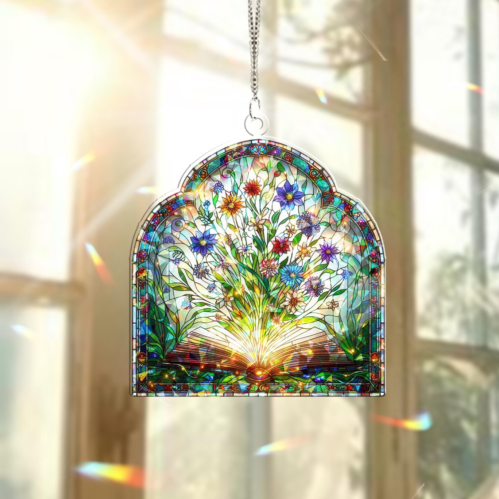 Fairy Tale Book & Wildflowers Hologram Window Hanging – Enchanting Decor – Mother’s Day Gift – Whimsical Nature Art