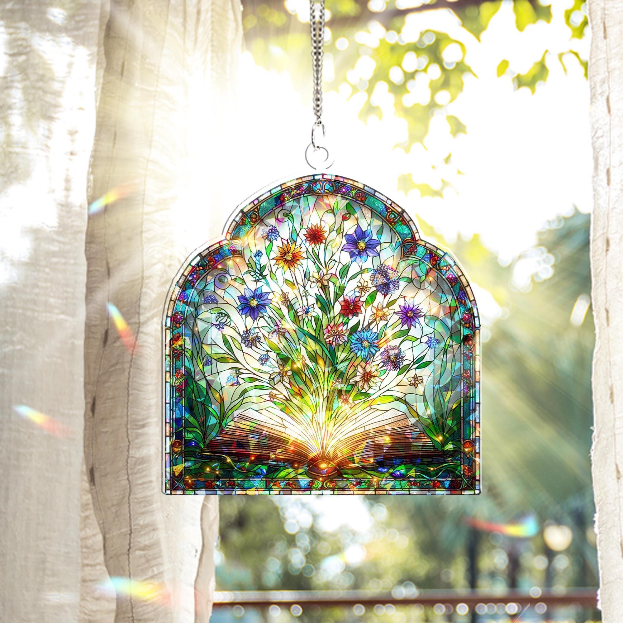 Fairy Tale Book & Wildflowers Hologram Window Hanging – Enchanting Decor – Mother’s Day Gift – Whimsical Nature Art