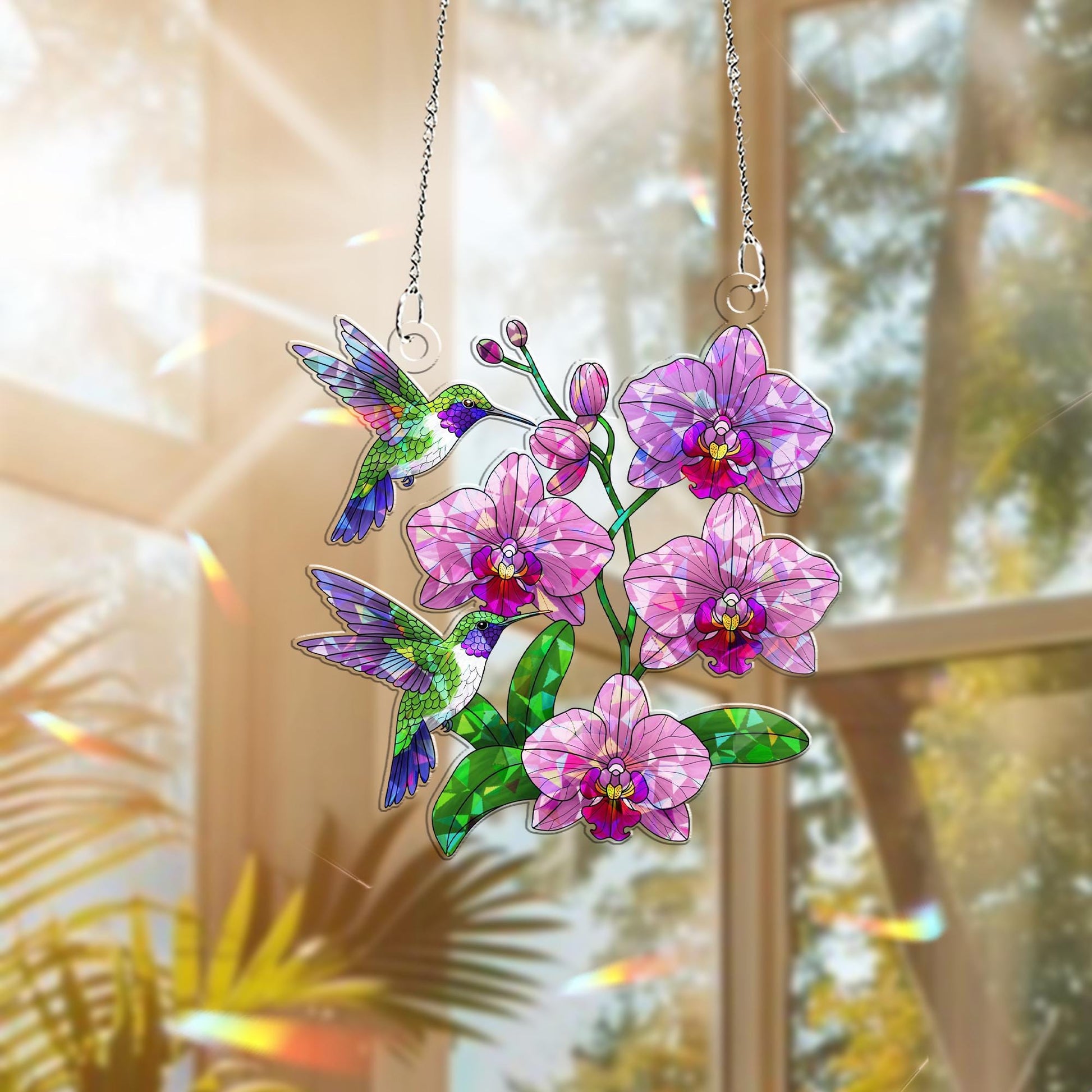 Hummingbirds & Orchids Hologram Acrylic Window Hanging – Elegant Decor – Mother’s Day Gift – Nature-Inspired Wall Art