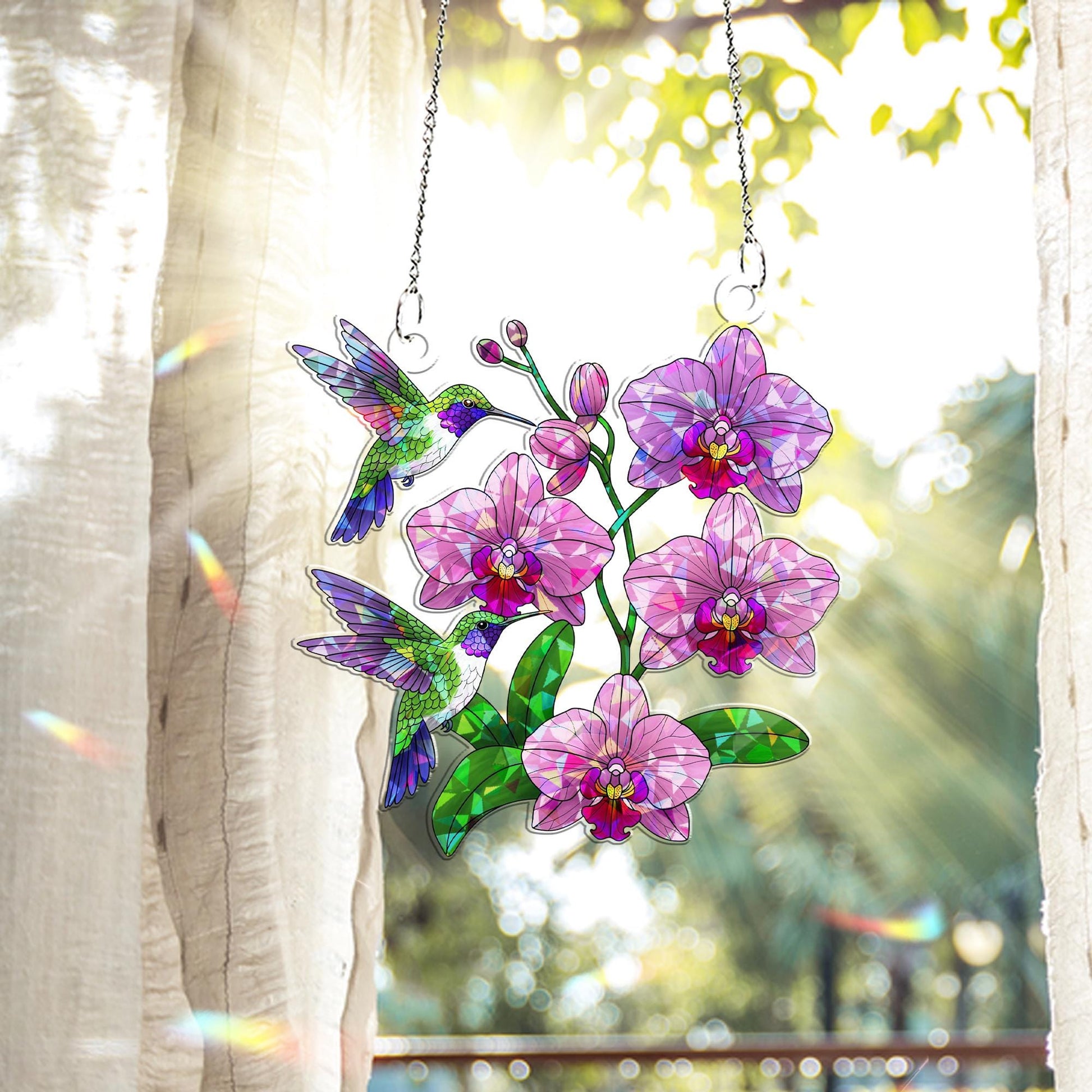 Hummingbirds & Orchids Hologram Acrylic Window Hanging – Elegant Decor – Mother’s Day Gift – Nature-Inspired Wall Art