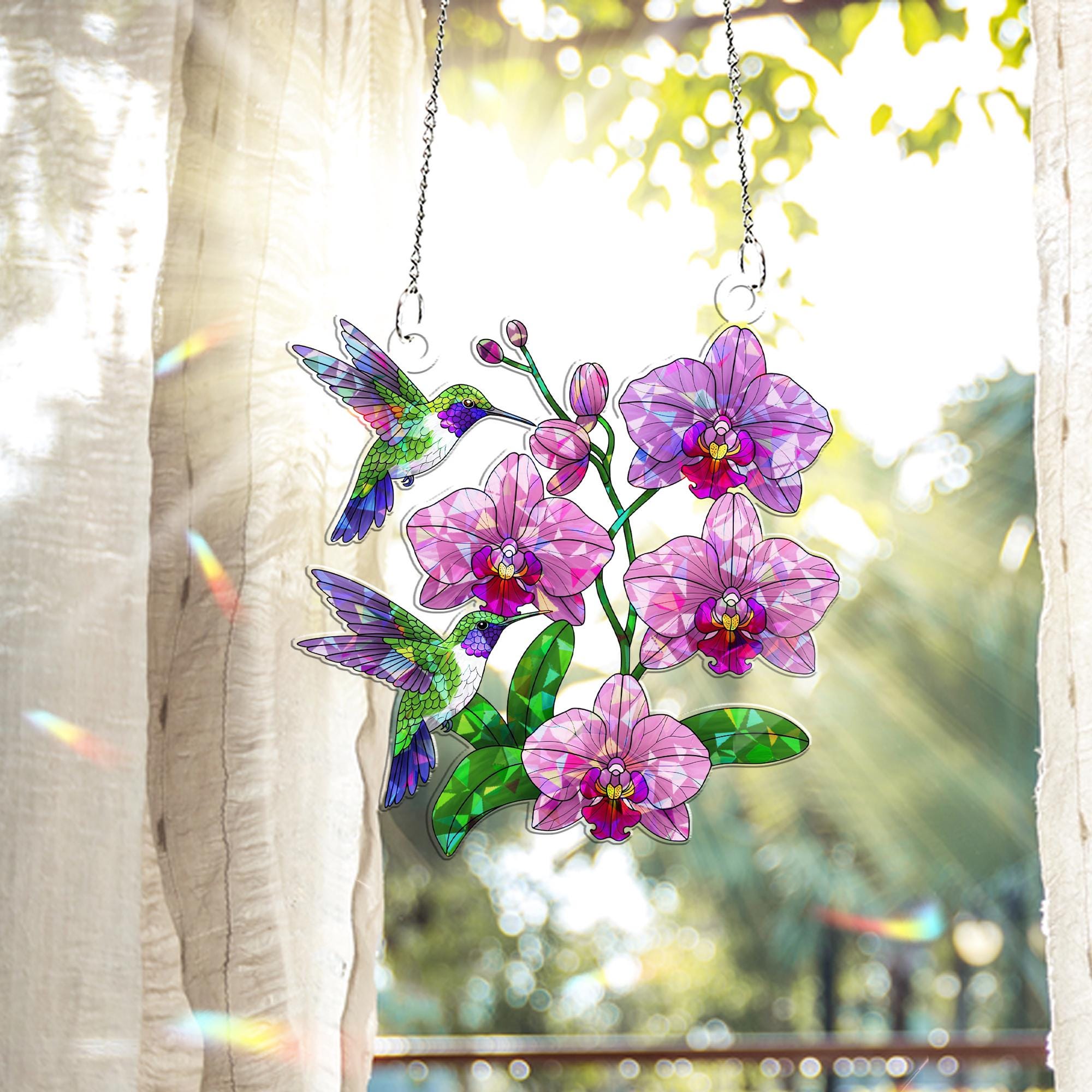 Hummingbirds & Orchids Hologram Acrylic Window Hanging – Elegant Decor – Mother’s Day Gift – Nature-Inspired Wall Art