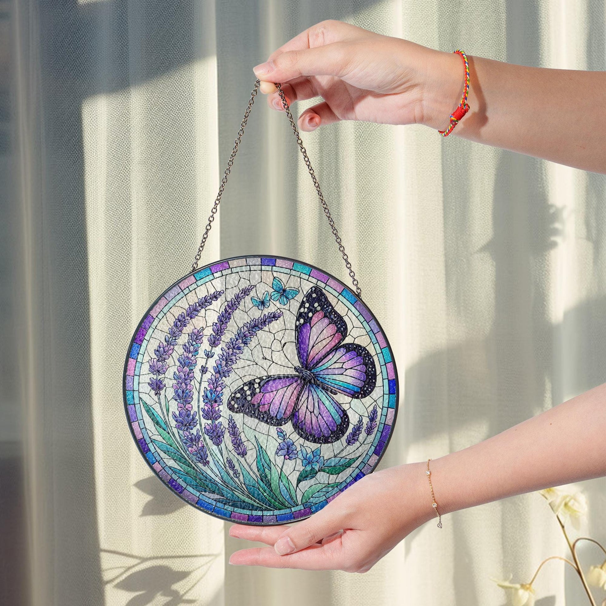 Lavender Butterfly Glass Suncatcher – Purple Floral Stained Glass Window Hanging, Nature-Inspired Garden Decor, Butterfly Gift