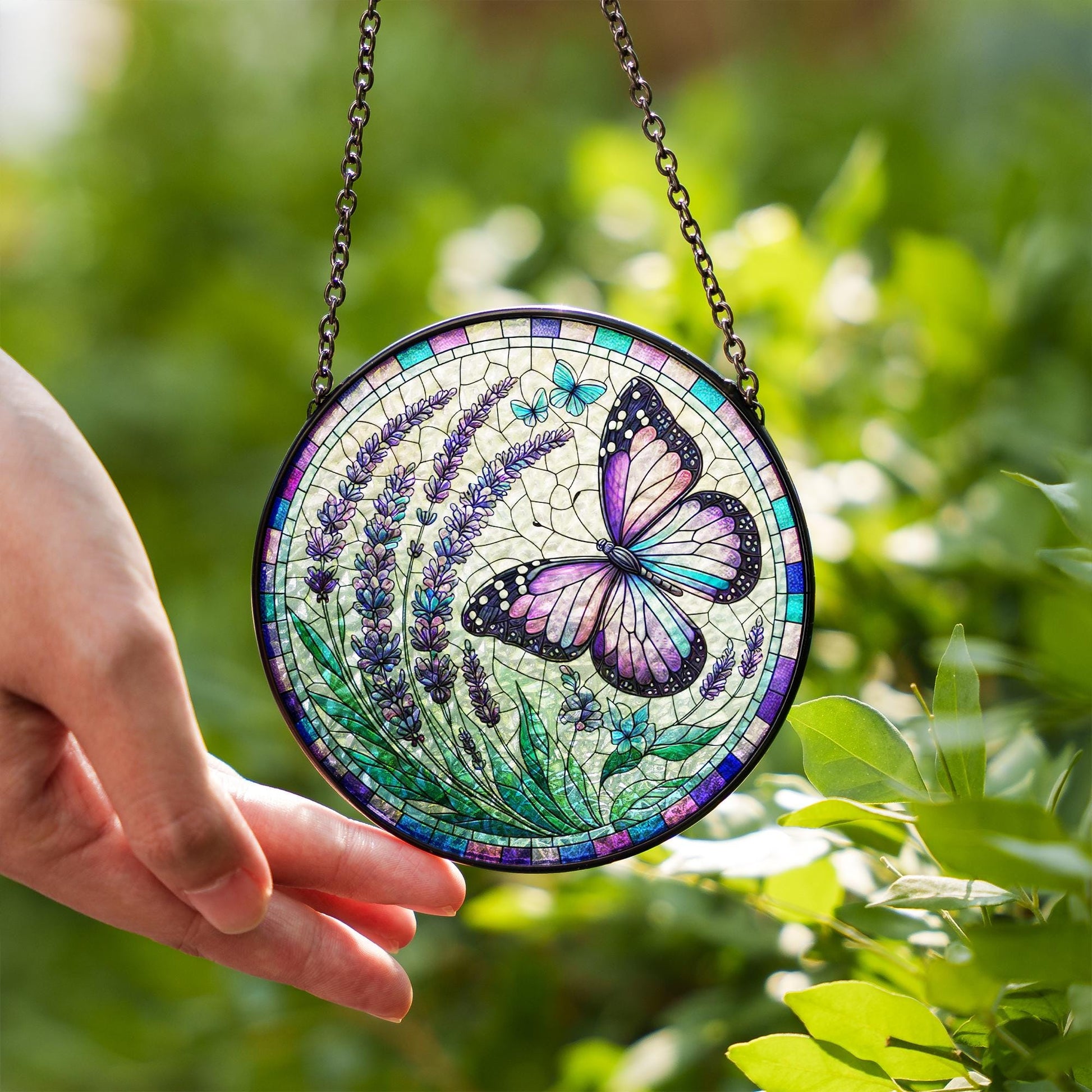 Lavender Butterfly Glass Suncatcher – Purple Floral Stained Glass Window Hanging, Nature-Inspired Garden Decor, Butterfly Gift