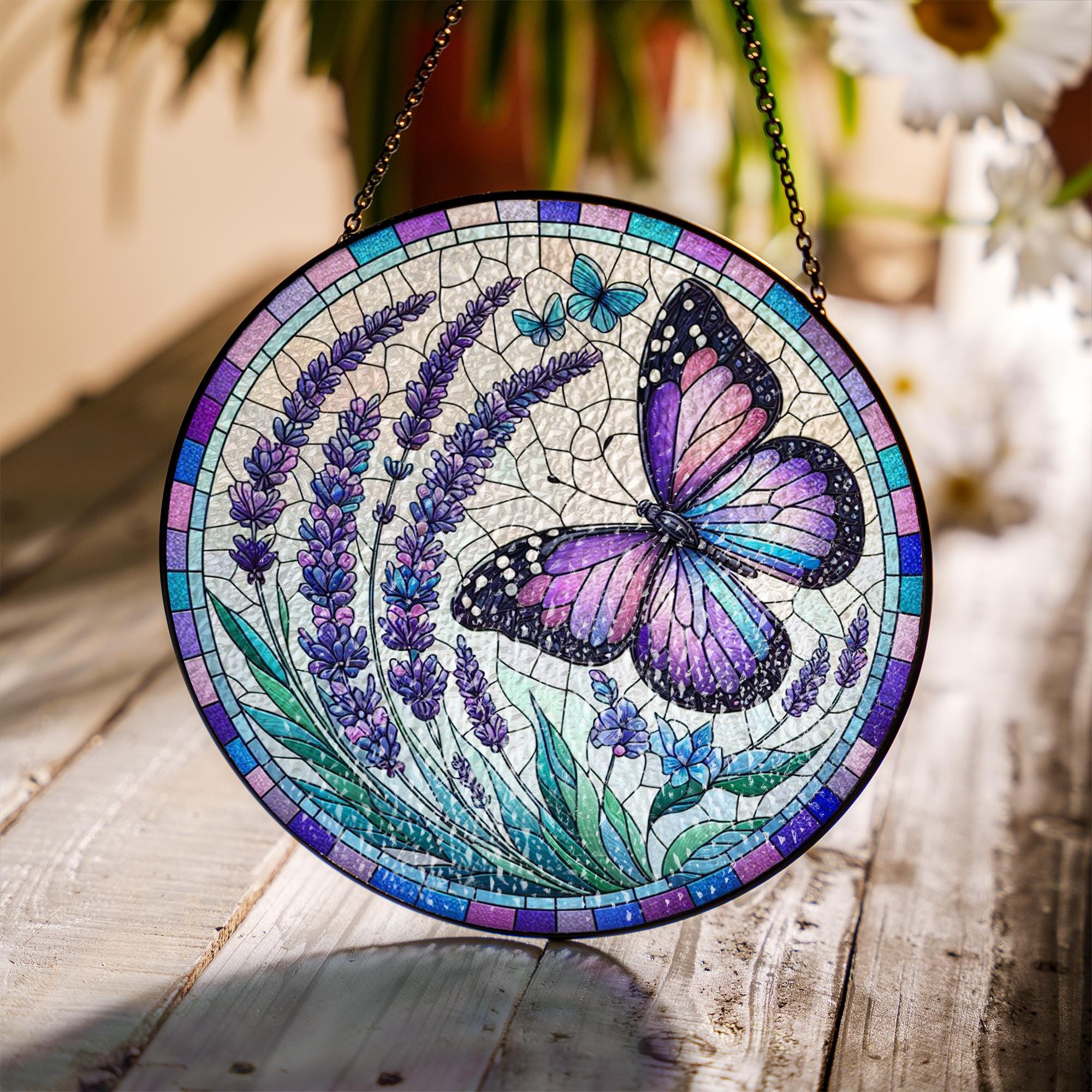 Lavender Butterfly Glass Suncatcher – Purple Floral Stained Glass Window Hanging, Nature-Inspired Garden Decor, Butterfly Gift