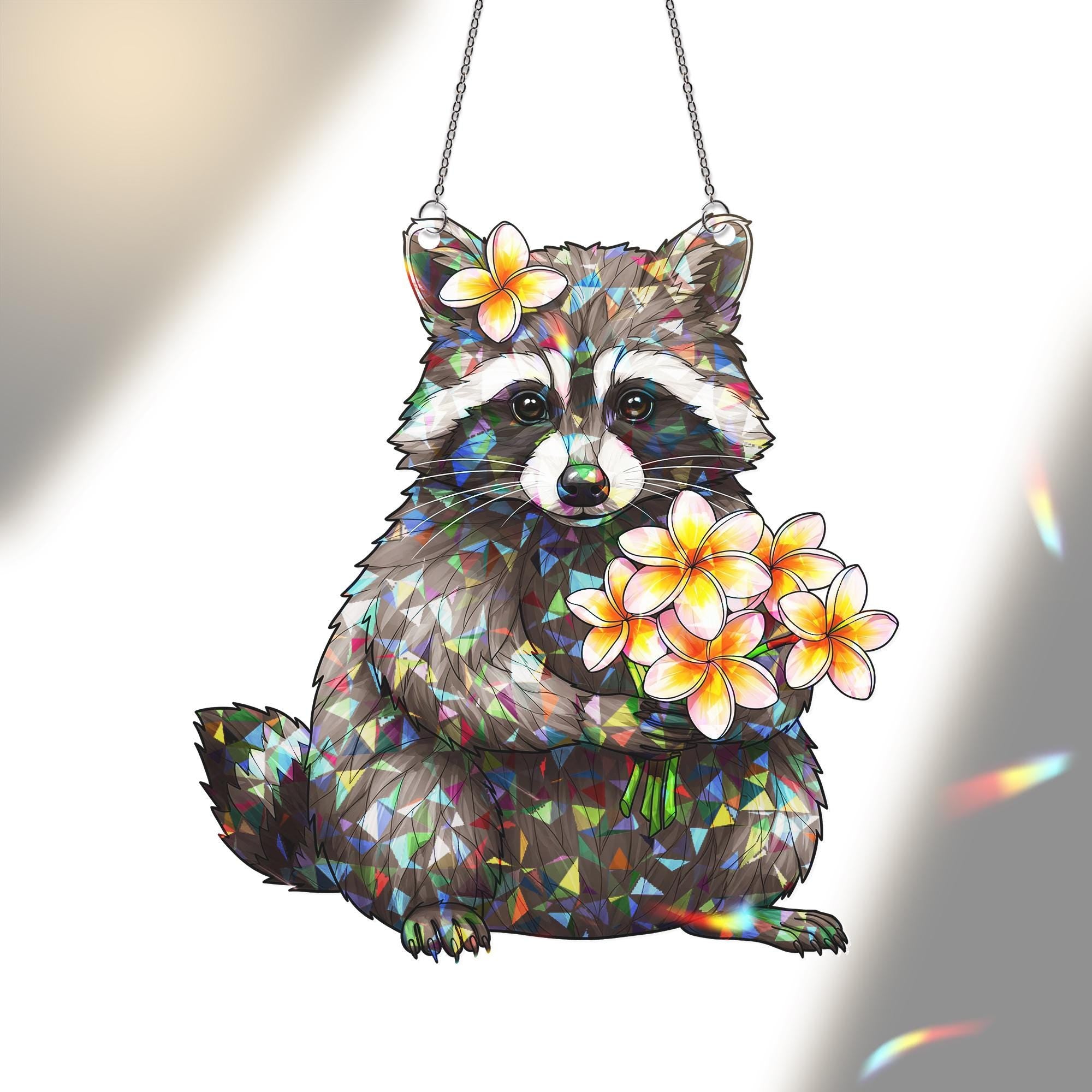 Raccoon with Frangipani Flowers Hologram Ornament - Animal ACRYLIC Window Hanging Decor - Woodland Wildlife Art, Summer Home Decor, Tropical