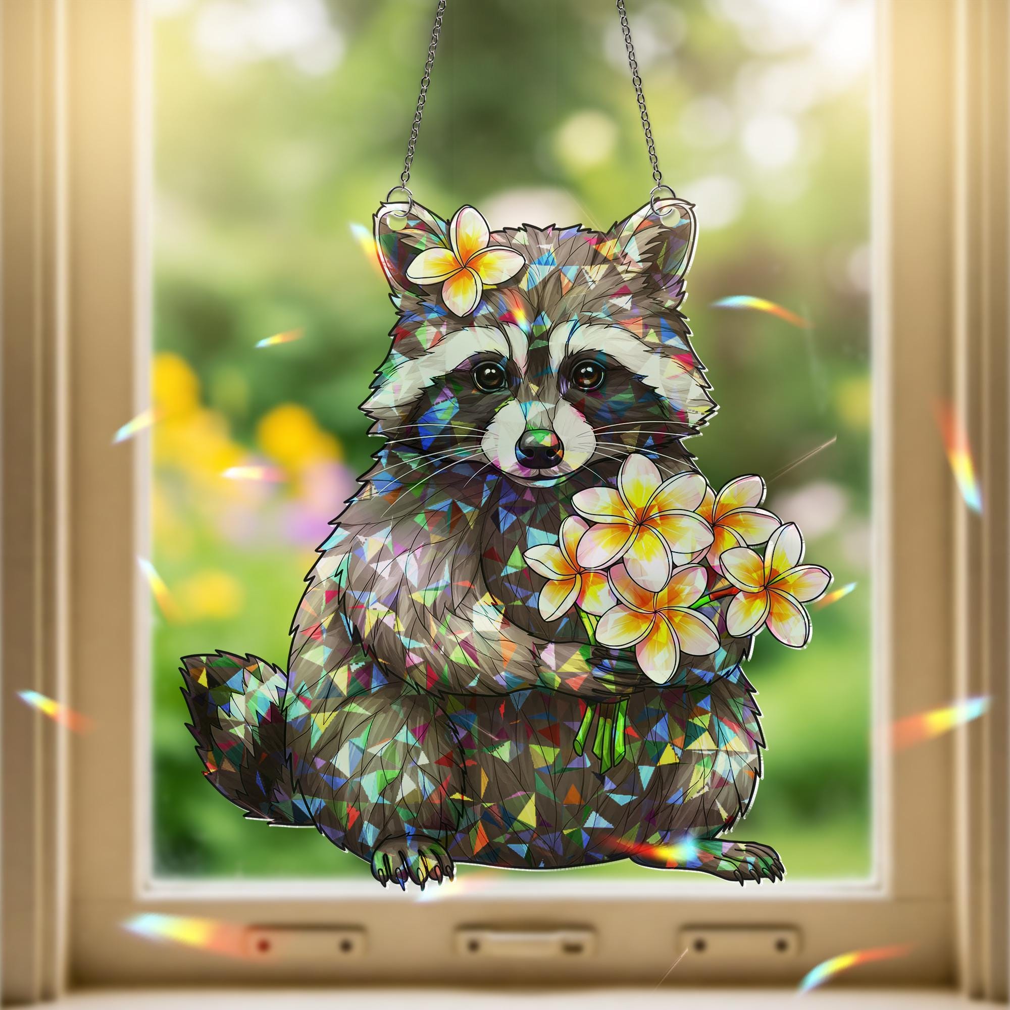 Raccoon with Frangipani Flowers Hologram Ornament - Animal ACRYLIC Window Hanging Decor - Woodland Wildlife Art, Summer Home Decor, Tropical