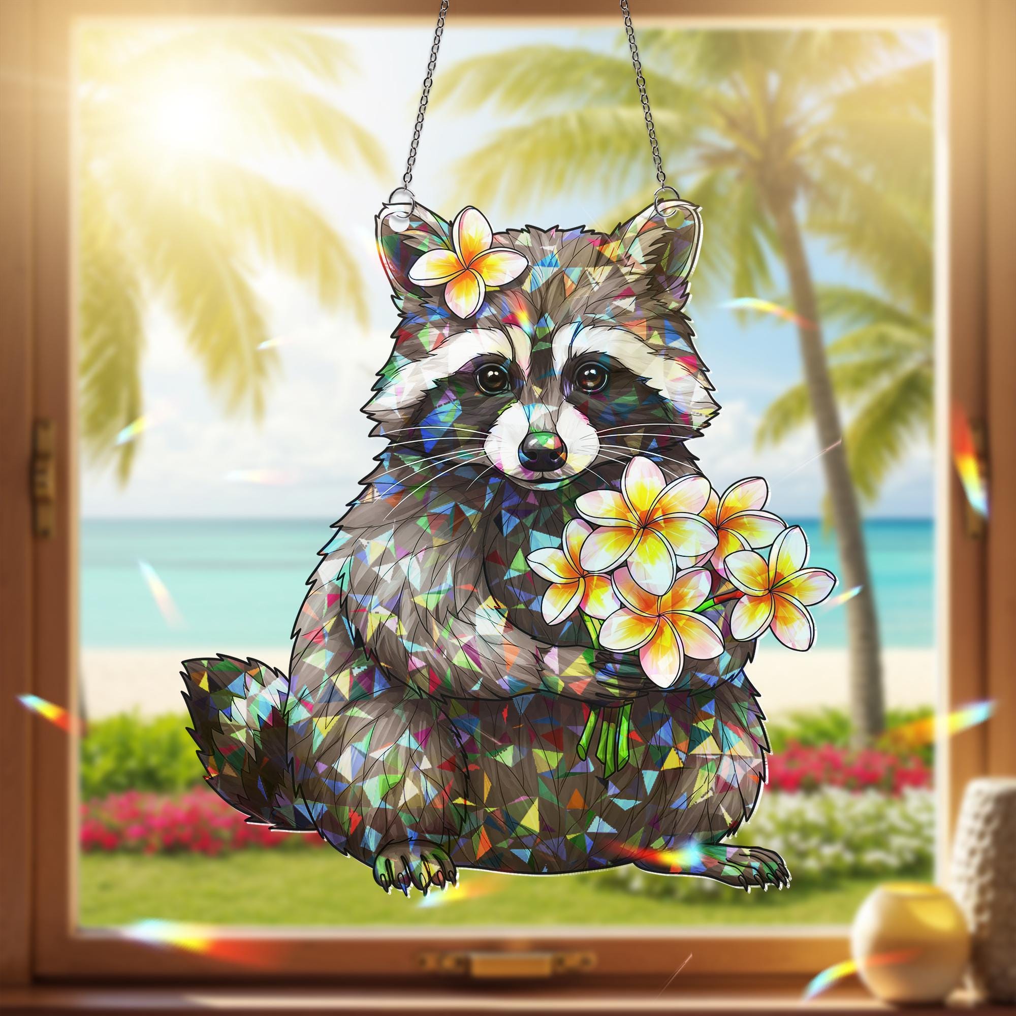 Raccoon with Frangipani Flowers Hologram Ornament - Animal ACRYLIC Window Hanging Decor - Woodland Wildlife Art, Summer Home Decor, Tropical