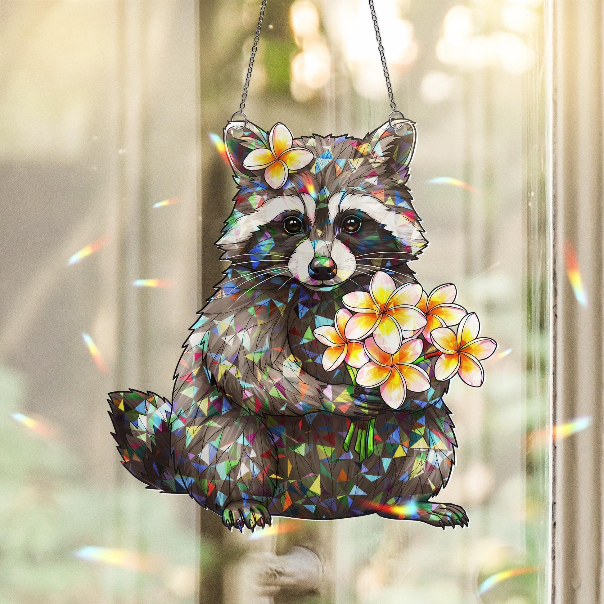Raccoon with Frangipani Flowers Hologram Ornament - Animal ACRYLIC Window Hanging Decor - Woodland Wildlife Art, Summer Home Decor, Tropical