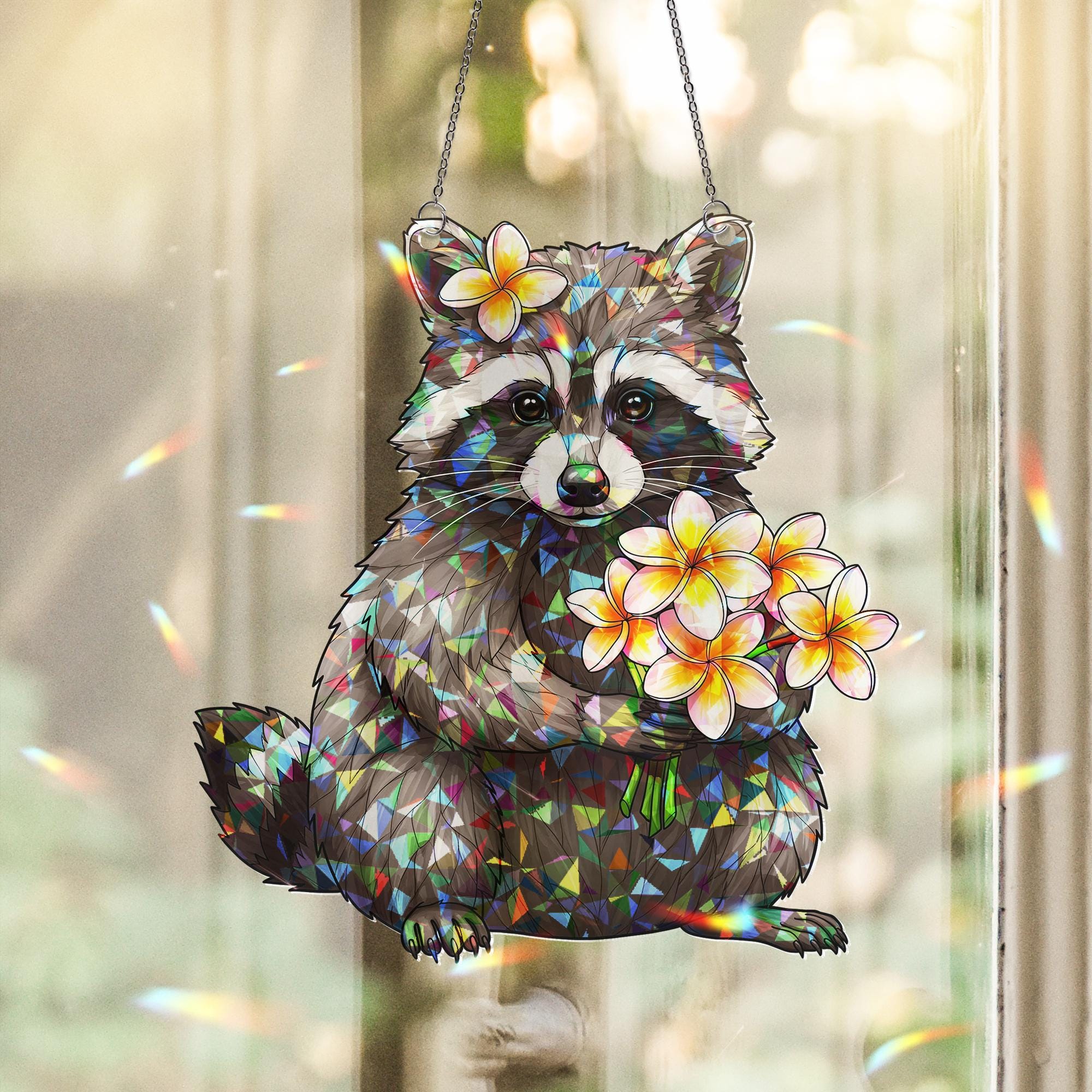 Raccoon with Frangipani Flowers Hologram Ornament - Animal ACRYLIC Window Hanging Decor - Woodland Wildlife Art, Summer Home Decor, Tropical