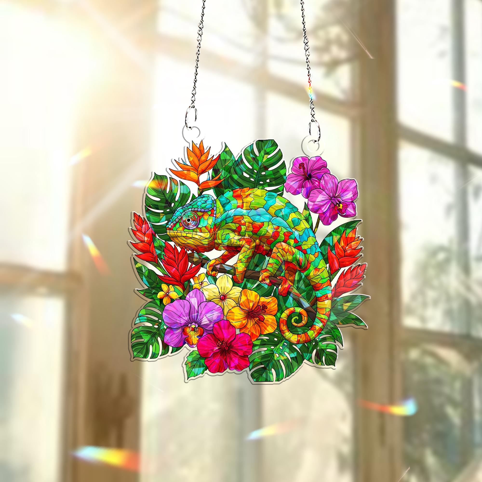 Chameleons & Tropical Hologram Window Hanging – Vibrant Wall Decor – Mother’s Day Gift – Exotic Jungle-Inspired Art