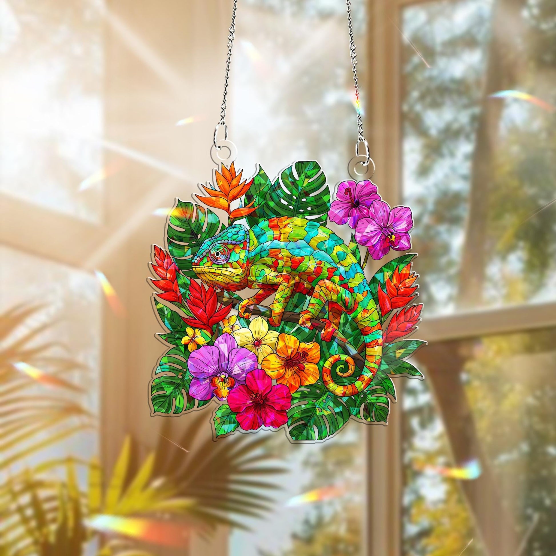 Chameleons & Tropical Hologram Window Hanging – Vibrant Wall Decor – Mother’s Day Gift – Exotic Jungle-Inspired Art