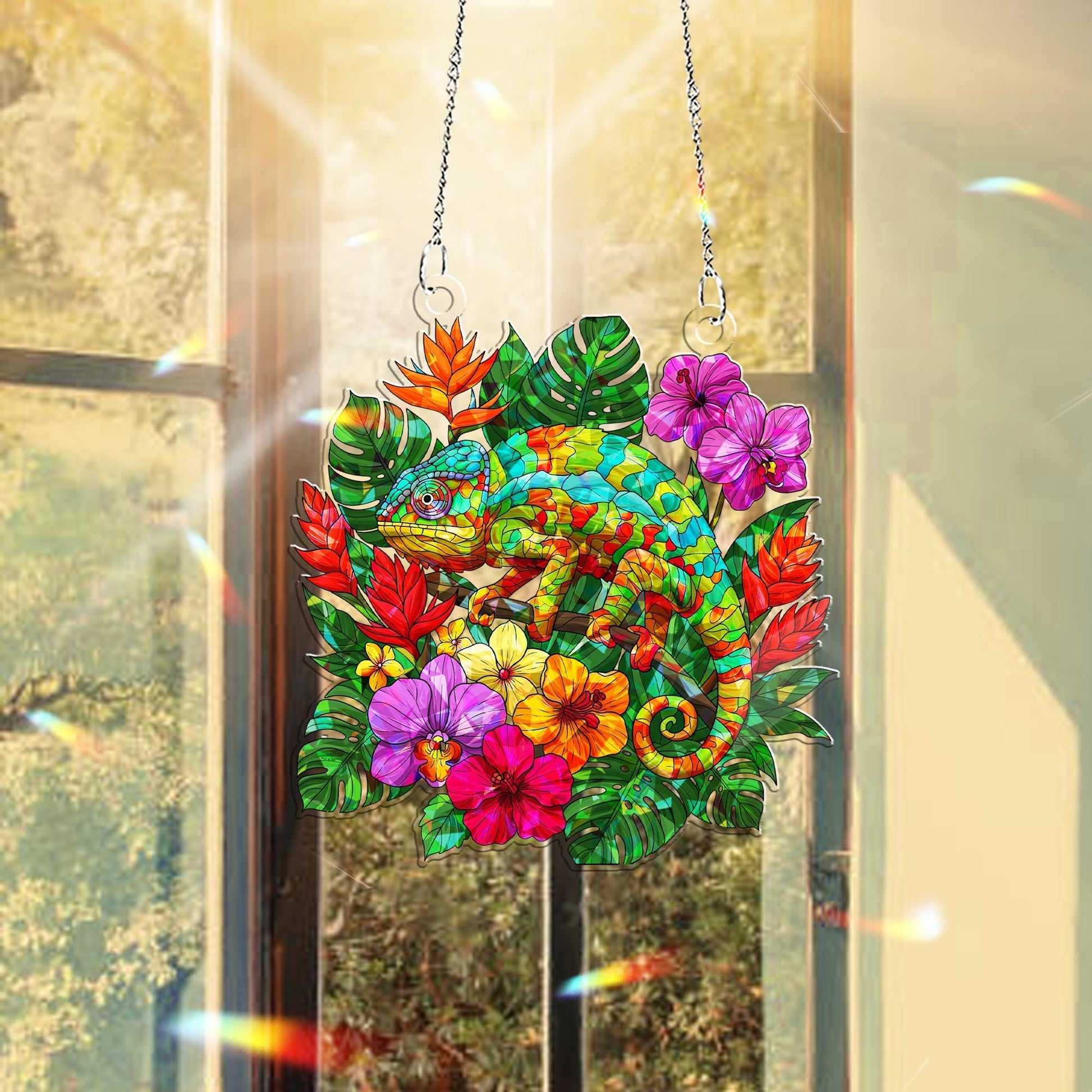 Chameleons & Tropical Hologram Window Hanging – Vibrant Wall Decor – Mother’s Day Gift – Exotic Jungle-Inspired Art