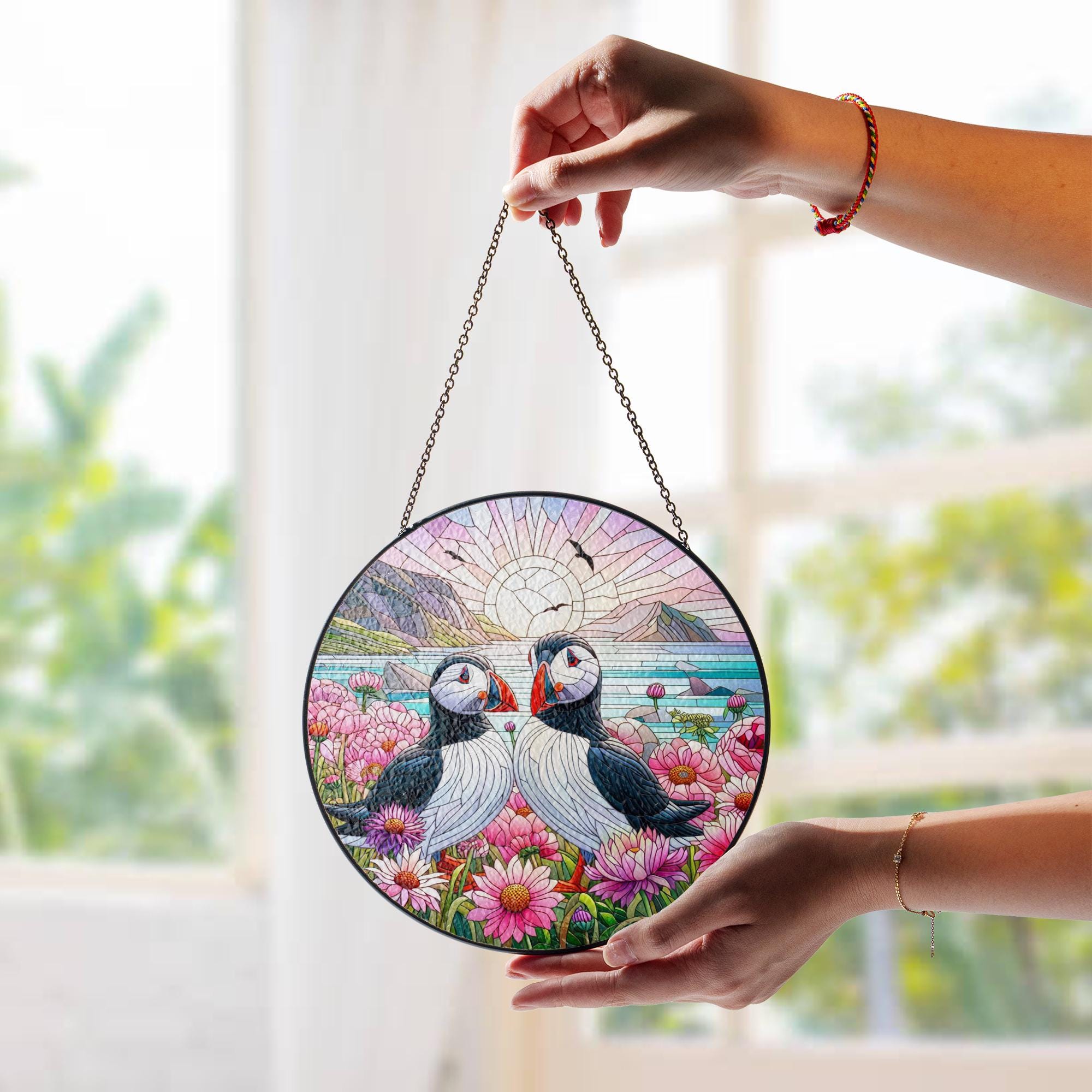 Puffin Pair Glass Suncatcher – Colorful Coastal Stained Glass Window Hanging, Ocean Bird Floral Nature Decor, Puffin Gift Idea