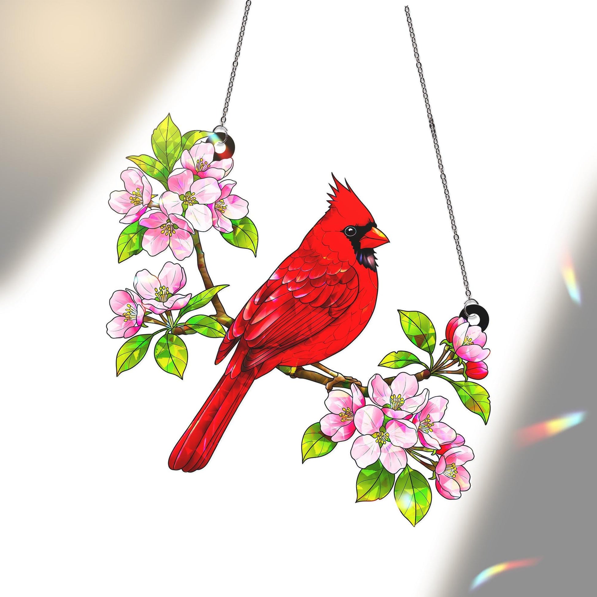 Cardinal Bird & Apple Blossom Acrylic Window Hanging Ornament, Nature Lover Gift, Red Bird Memorial Decor, Cardinal Flower Lover Gifts