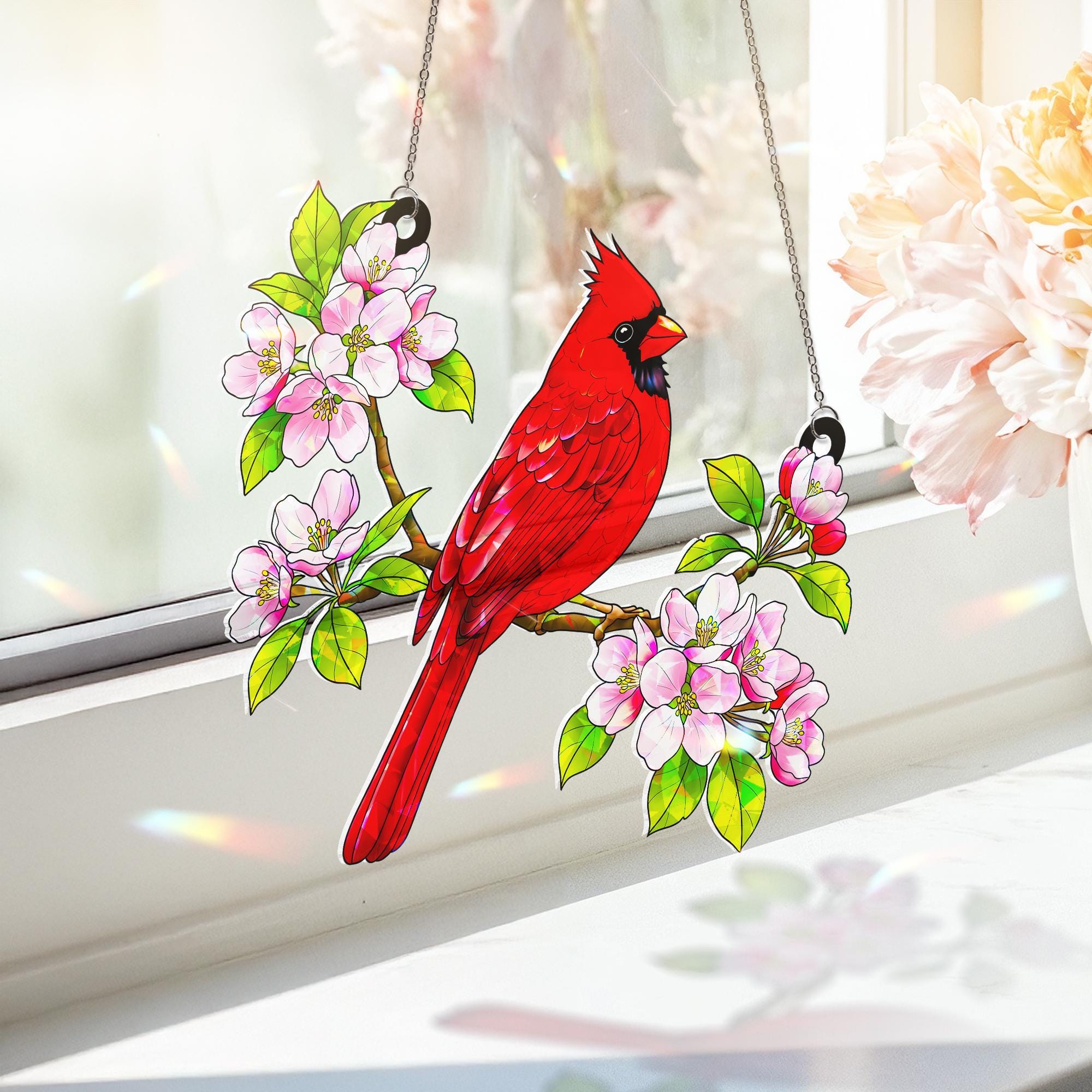 Cardinal Bird & Apple Blossom Acrylic Window Hanging Ornament, Nature Lover Gift, Red Bird Memorial Decor, Cardinal Flower Lover Gifts
