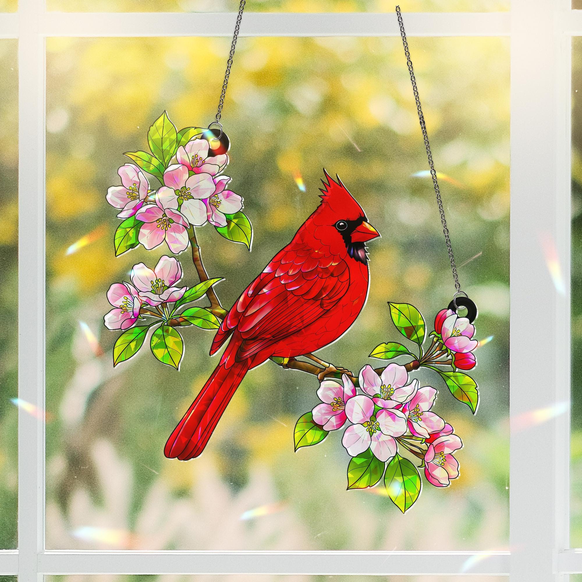 Cardinal Bird & Apple Blossom Acrylic Window Hanging Ornament, Nature Lover Gift, Red Bird Memorial Decor, Cardinal Flower Lover Gifts