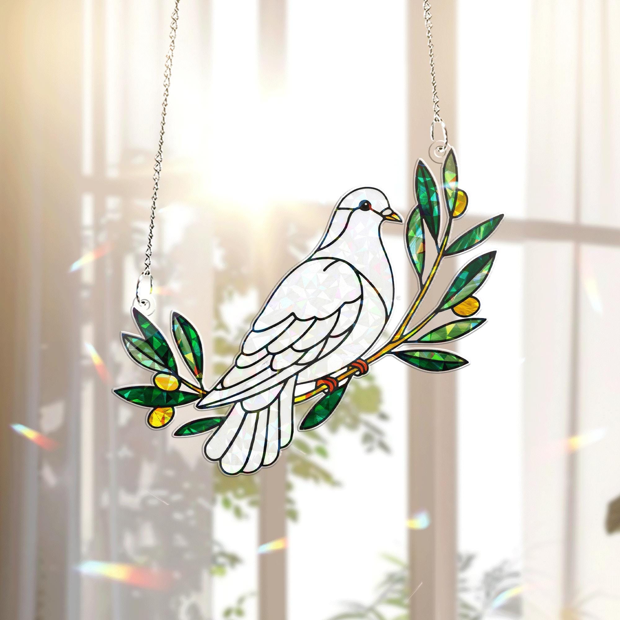 White Dove & Olive Branch Hologram Acrylic Window Hanging – Peace Bird with Olive Branch, Spiritual Decor, Nature Gift Idea