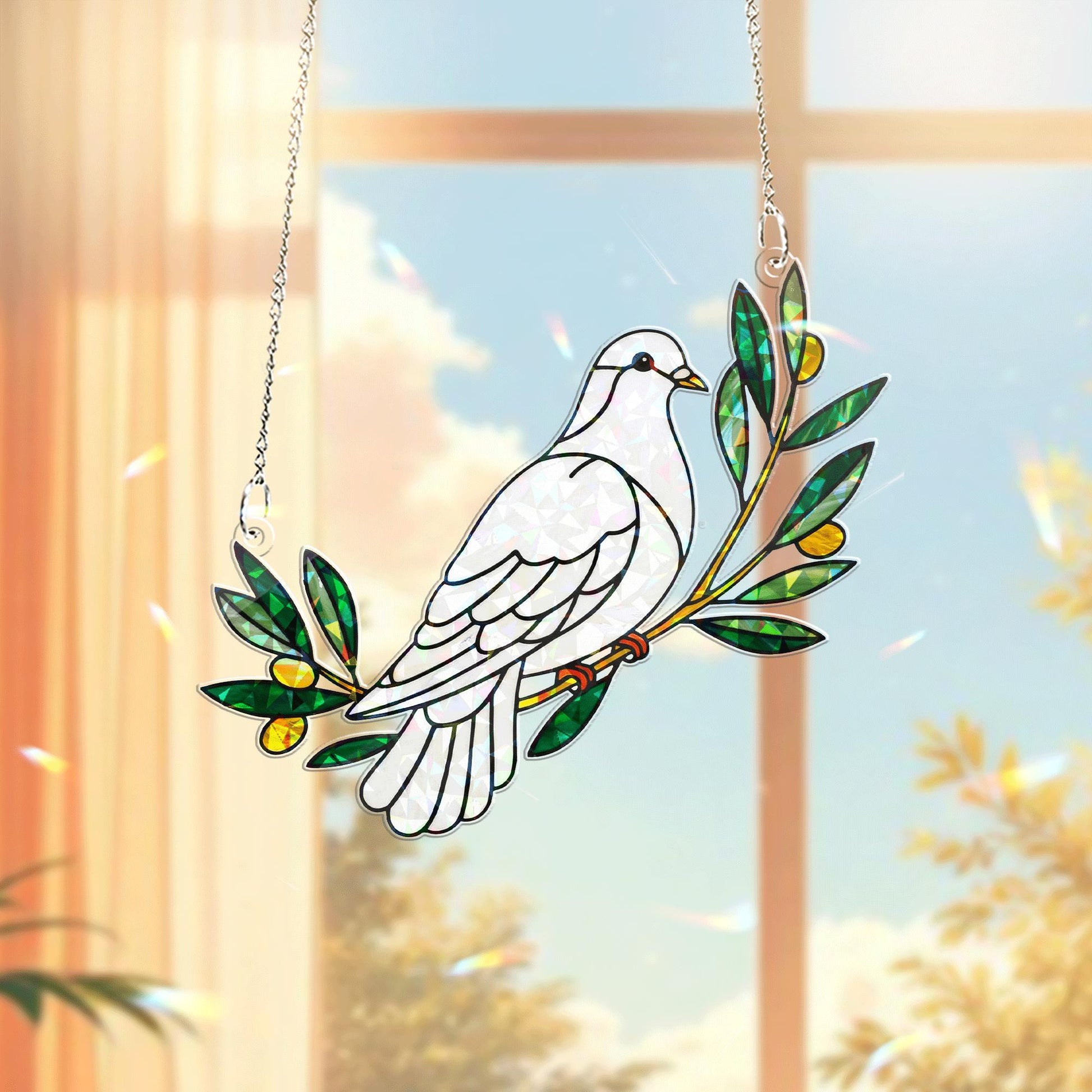 White Dove & Olive Branch Hologram Acrylic Window Hanging – Peace Bird with Olive Branch, Spiritual Decor, Nature Gift Idea