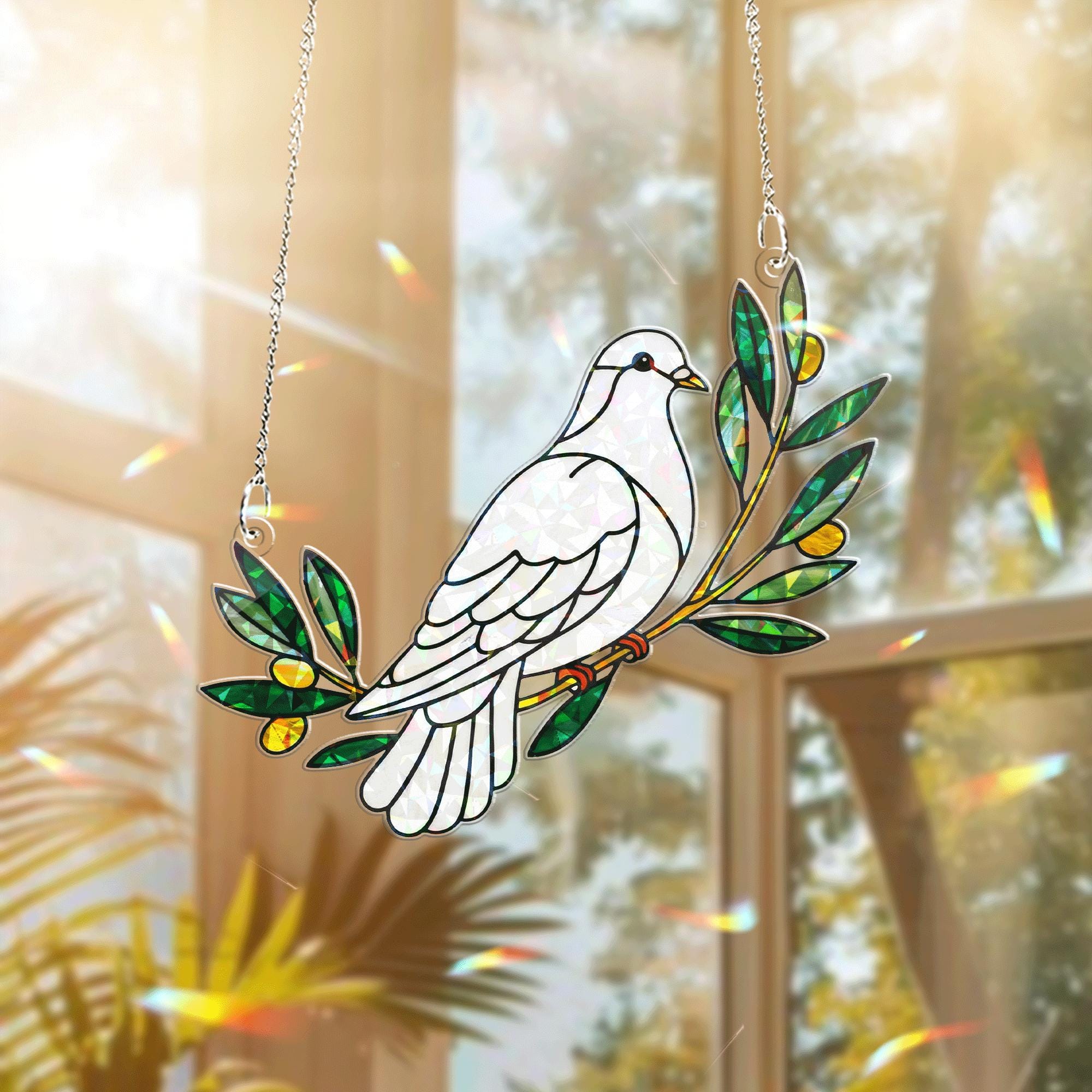 White Dove & Olive Branch Hologram Acrylic Window Hanging – Peace Bird with Olive Branch, Spiritual Decor, Nature Gift Idea