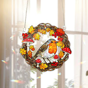 Robin Hologram Acrylic Window Hanging – Fall Bird Wreath with Mushrooms and Leaves Hanging, Seasonal Woodland Home Decor Gift