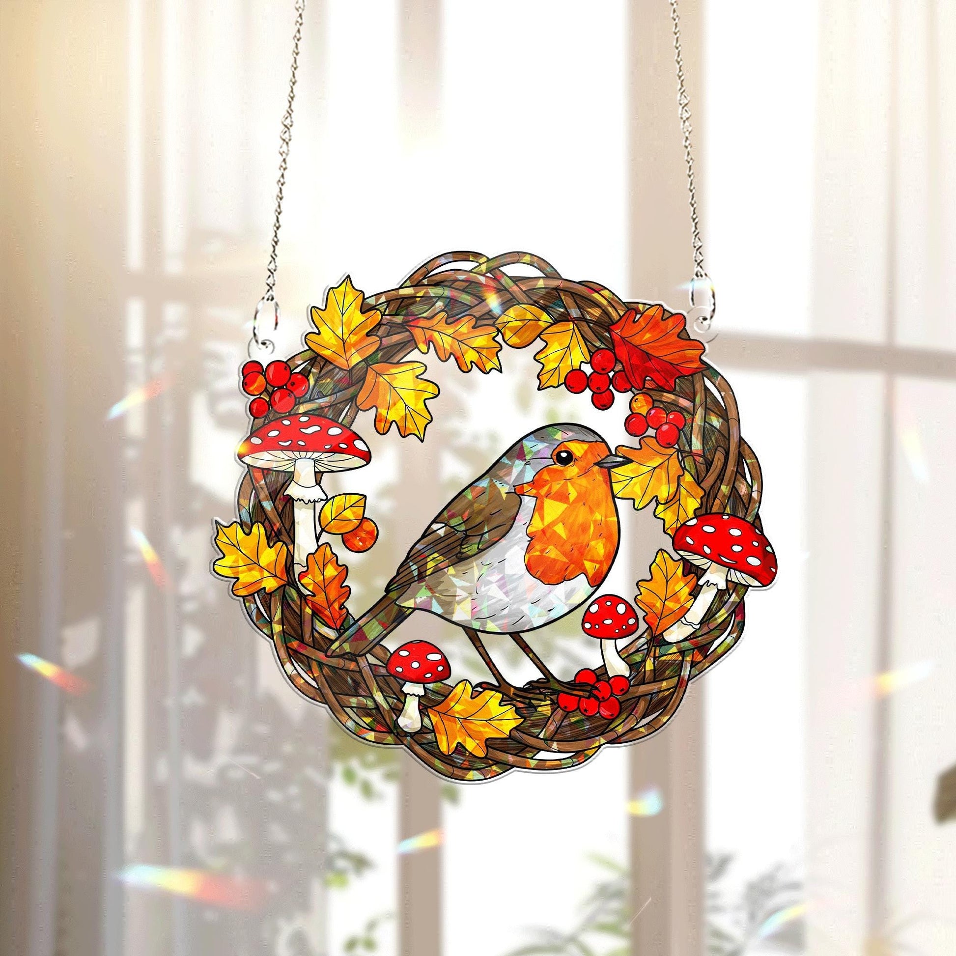 Robin Hologram Acrylic Window Hanging – Fall Bird Wreath with Mushrooms and Leaves Hanging, Seasonal Woodland Home Decor Gift