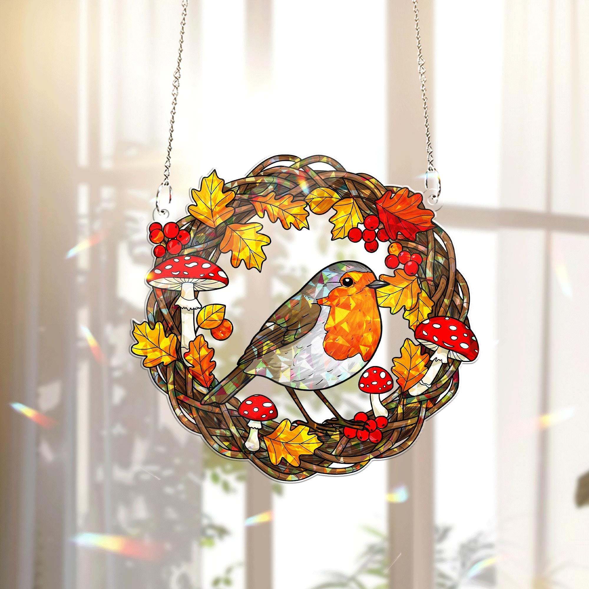 Robin Hologram Acrylic Window Hanging – Fall Bird Wreath with Mushrooms and Leaves Hanging, Seasonal Woodland Home Decor Gift