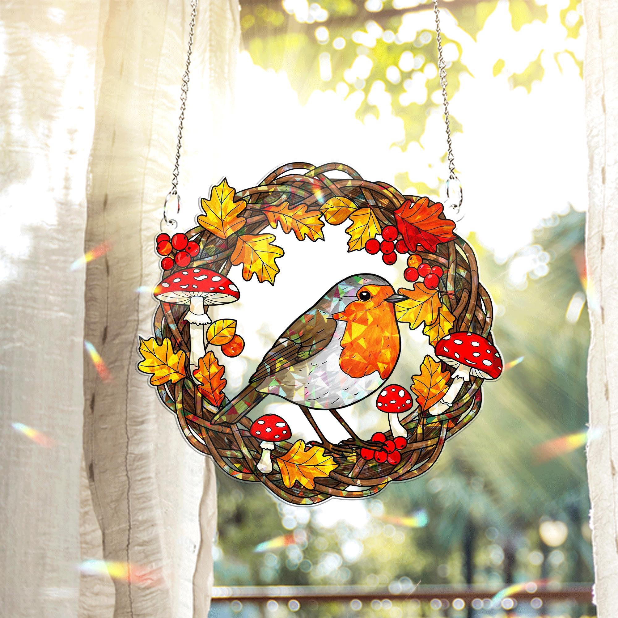 Robin Hologram Acrylic Window Hanging – Fall Bird Wreath with Mushrooms and Leaves Hanging, Seasonal Woodland Home Decor Gift