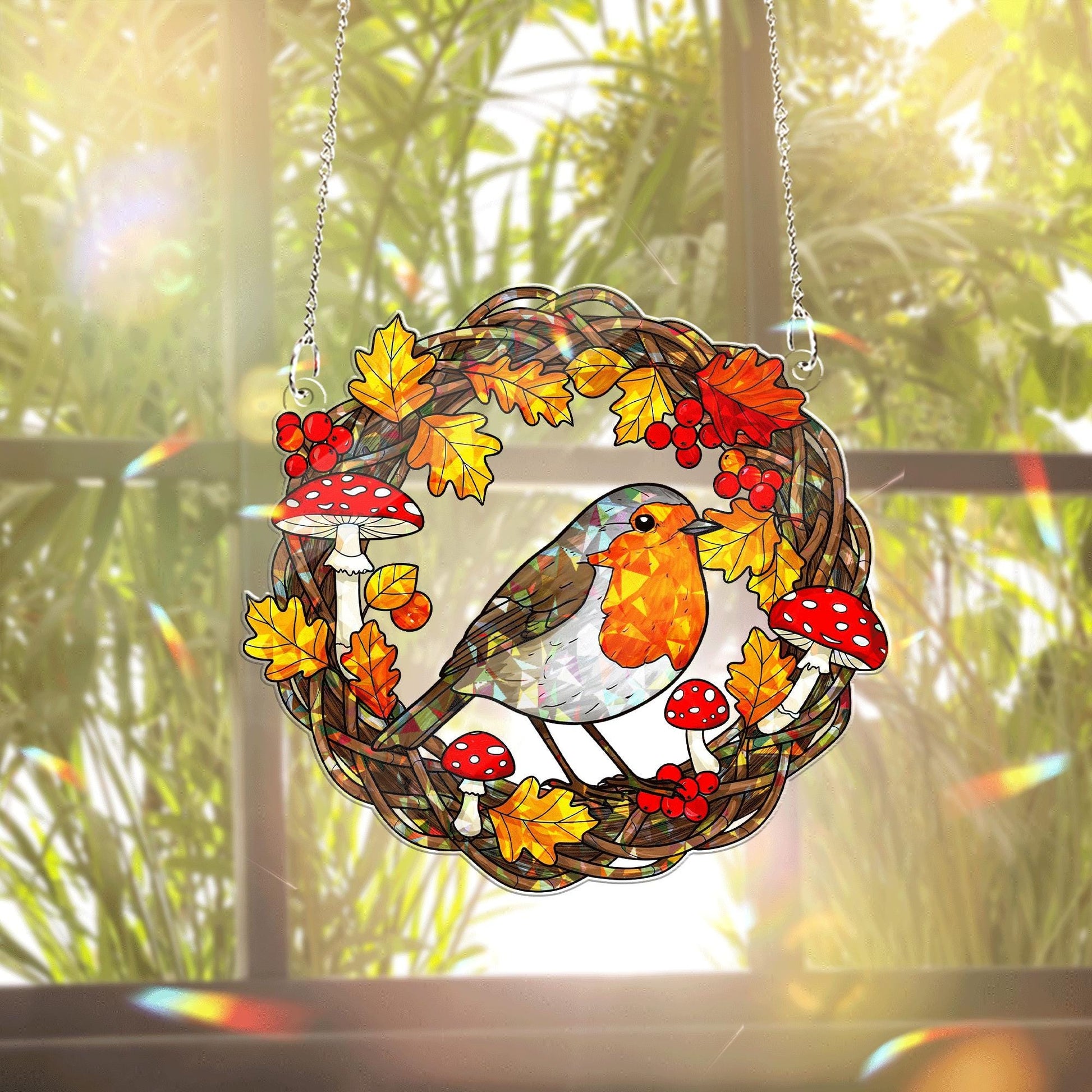 Robin Hologram Acrylic Window Hanging – Fall Bird Wreath with Mushrooms and Leaves Hanging, Seasonal Woodland Home Decor Gift