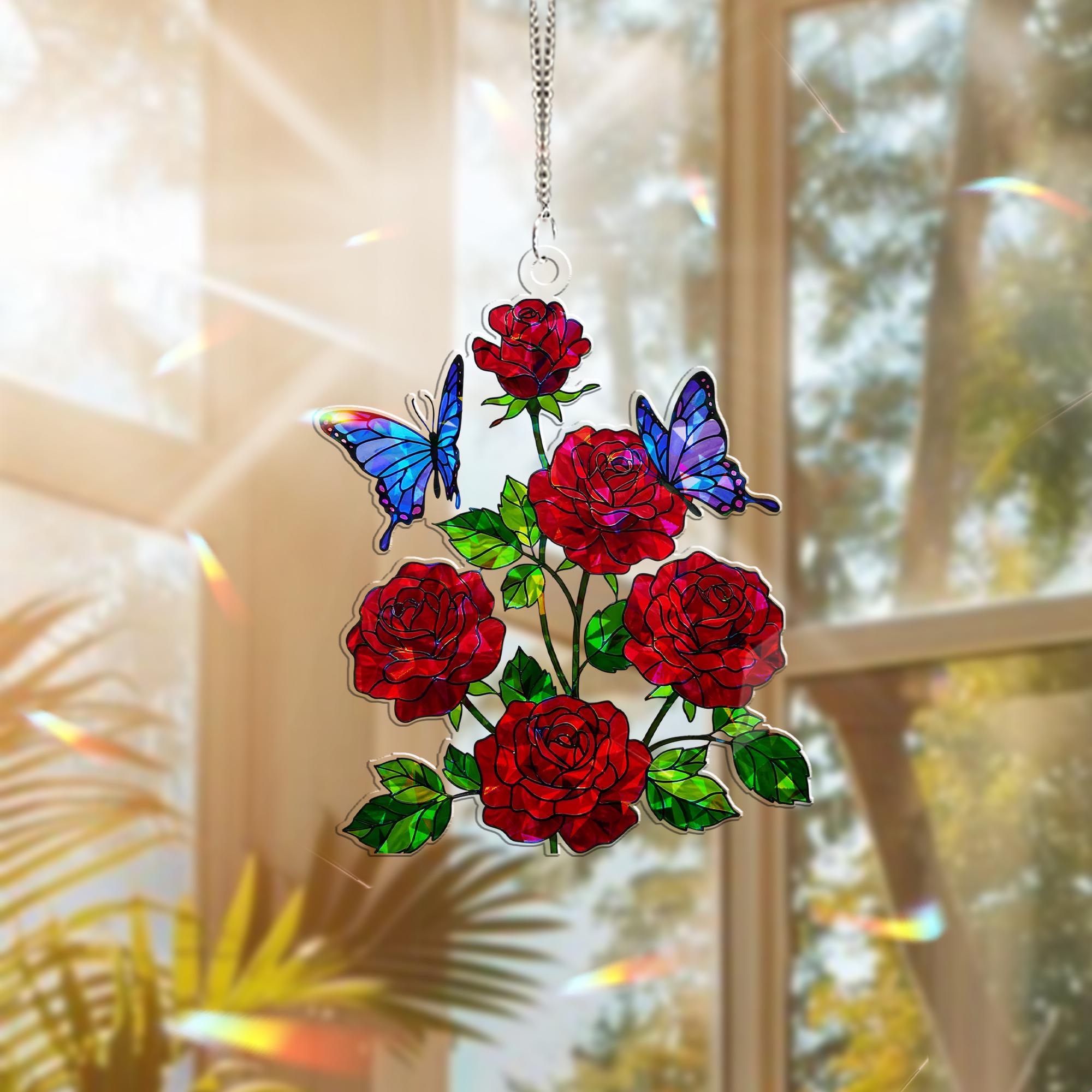 Rose with Butterfly Hologram Window Hanging – Elegant Floral Decor – Mother’s Day Gift – Tropical Garden Wall Art
