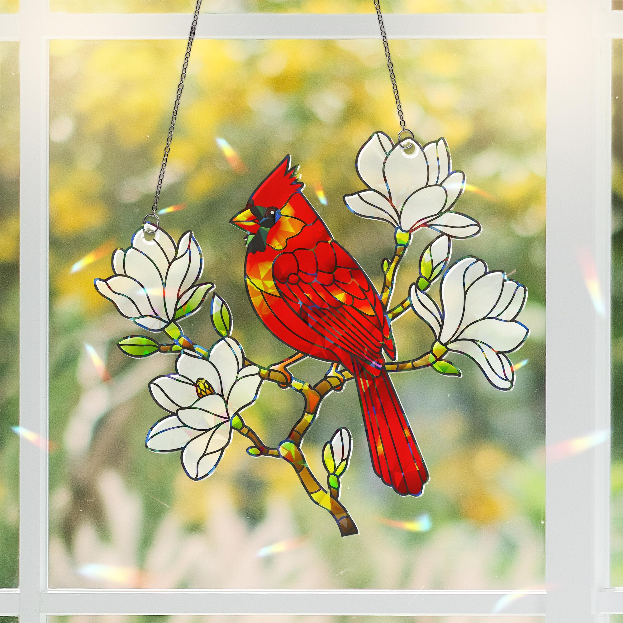 Cardinal Hologram Acrylic Window Hanging Ornament, Bird & Magnolia Flower Ornament, Nature Lover Gift, Home Wall Art Decor