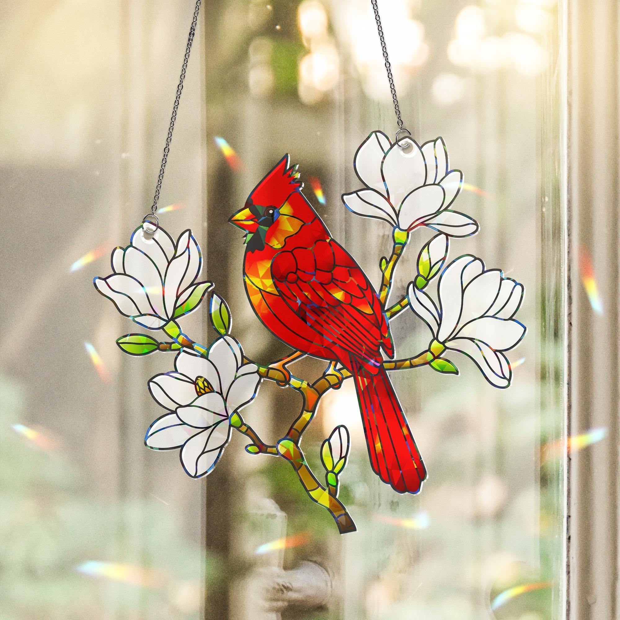 Cardinal Hologram Acrylic Window Hanging Ornament, Bird & Magnolia Flower Ornament, Nature Lover Gift, Home Wall Art Decor
