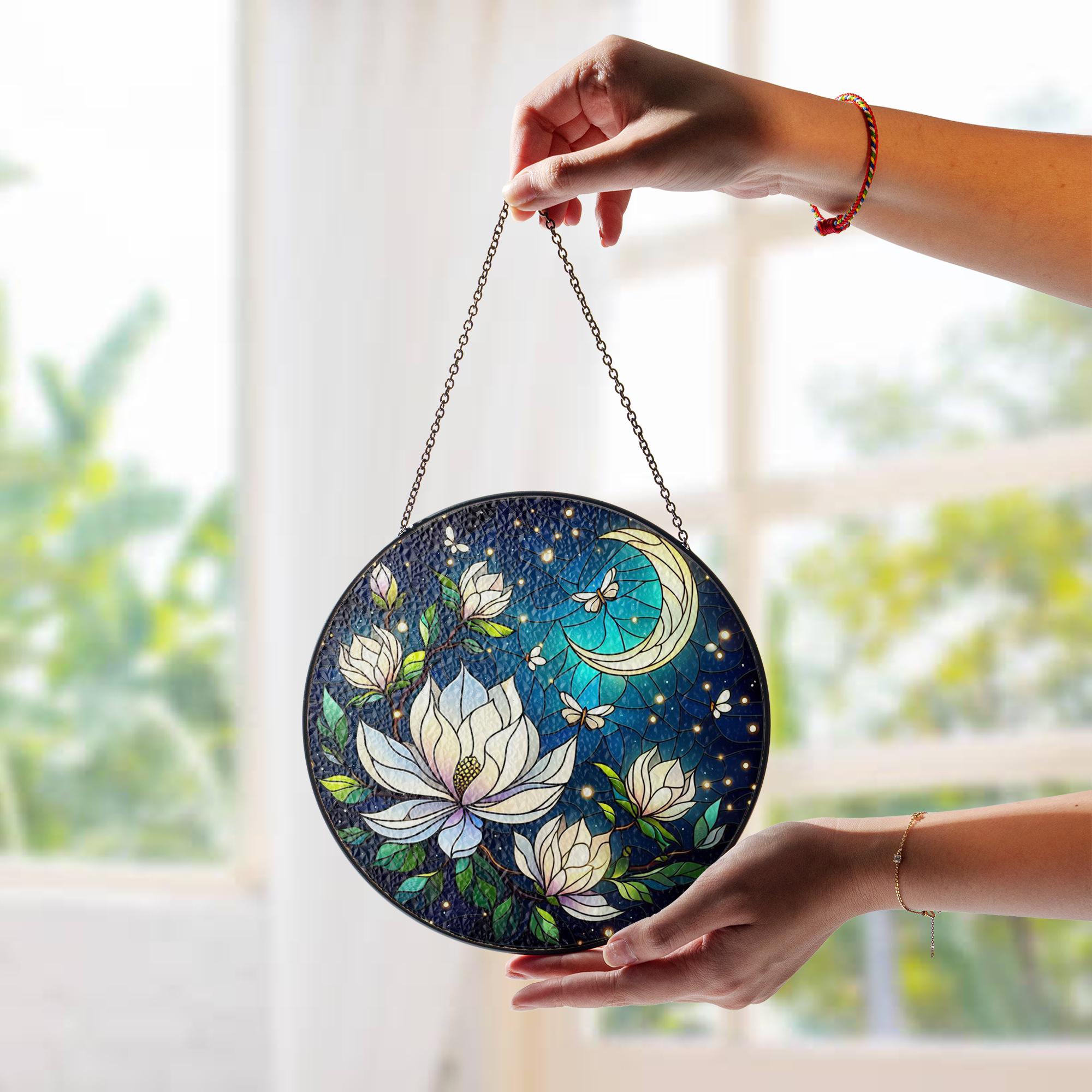 Magnolia Blossoms & Fireflies Glass Suncatcher – Twilight Garden Decor – Mother’s Day Gift – Nature-Inspired Window Art