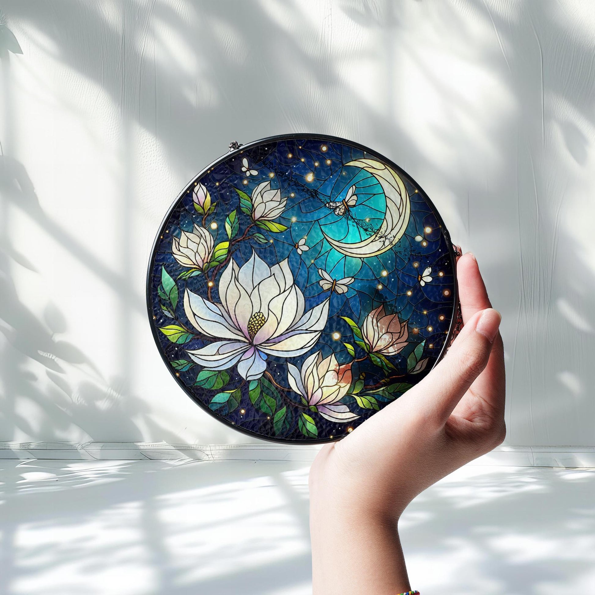 Magnolia Blossoms & Fireflies Glass Suncatcher – Twilight Garden Decor – Mother’s Day Gift – Nature-Inspired Window Art