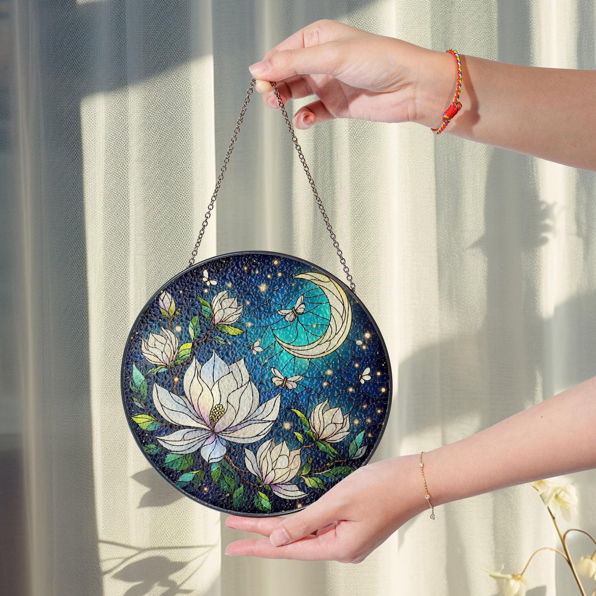 Magnolia Blossoms & Fireflies Glass Suncatcher – Twilight Garden Decor – Mother’s Day Gift – Nature-Inspired Window Art