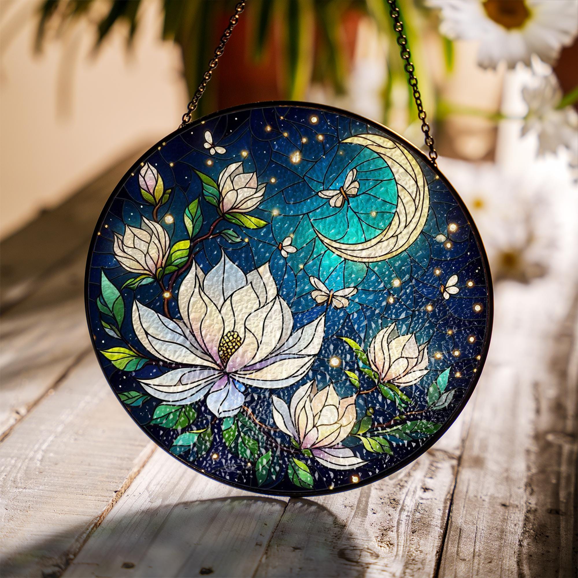 Magnolia Blossoms & Fireflies Glass Suncatcher – Twilight Garden Decor – Mother’s Day Gift – Nature-Inspired Window Art