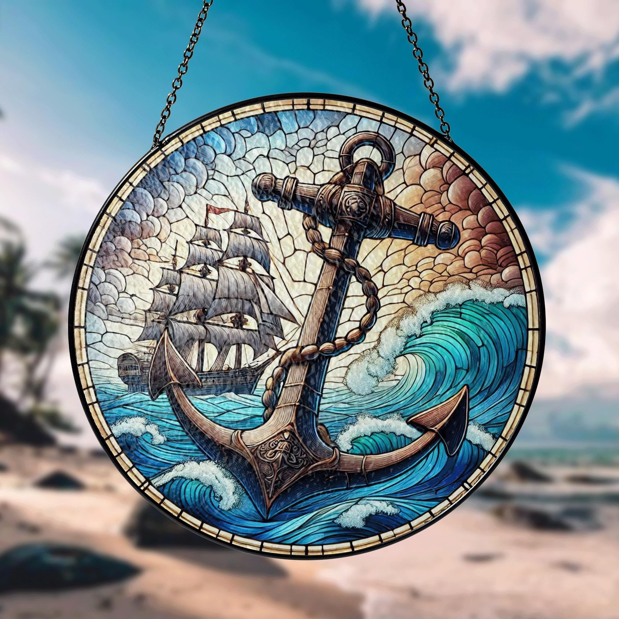 Nautical Anchor Glass Suncatcher – Ocean Wave Stained Glass Look with Ship, Maritime Window Decor, Coastal Gift for Sea Lovers