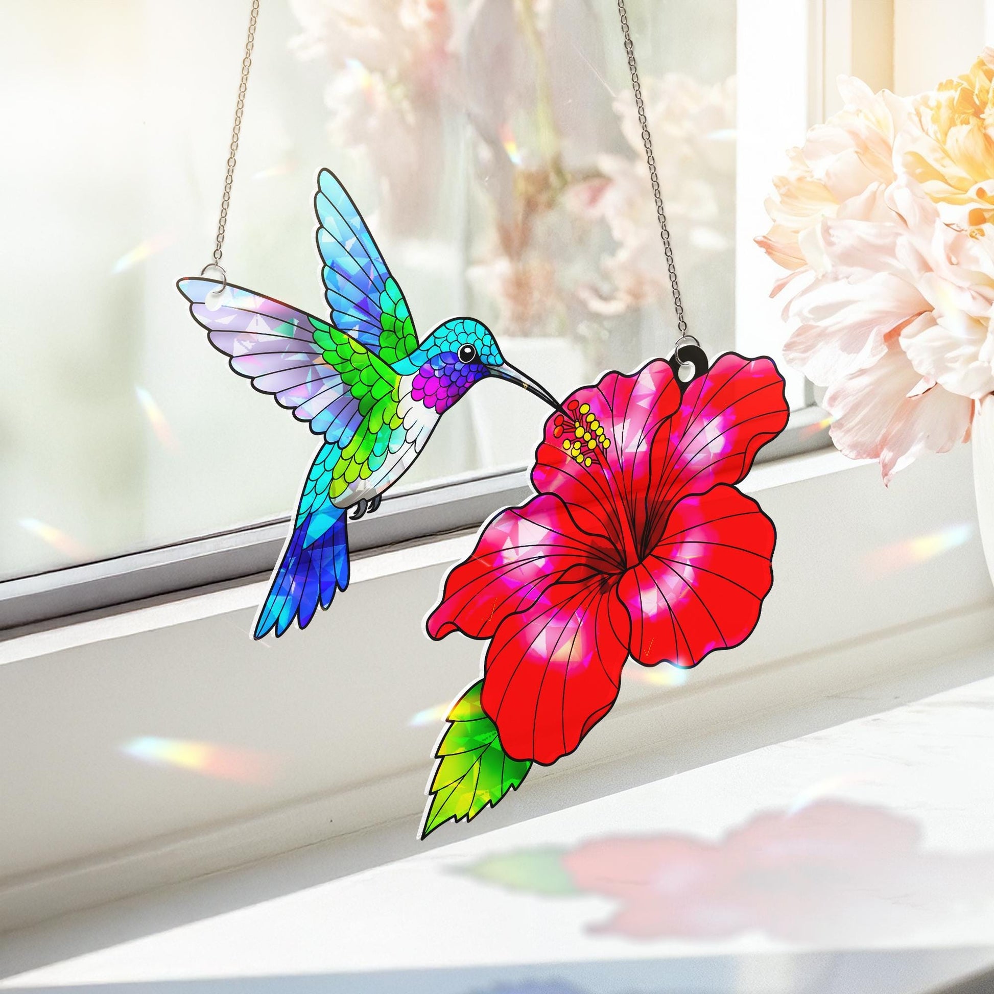 Hummingbird Hibiscus Hologram Acrylic Window Hanging Ornament, Vibrant Bird Flower Decor, Tropical Home Art Gift, Nature Lover Present