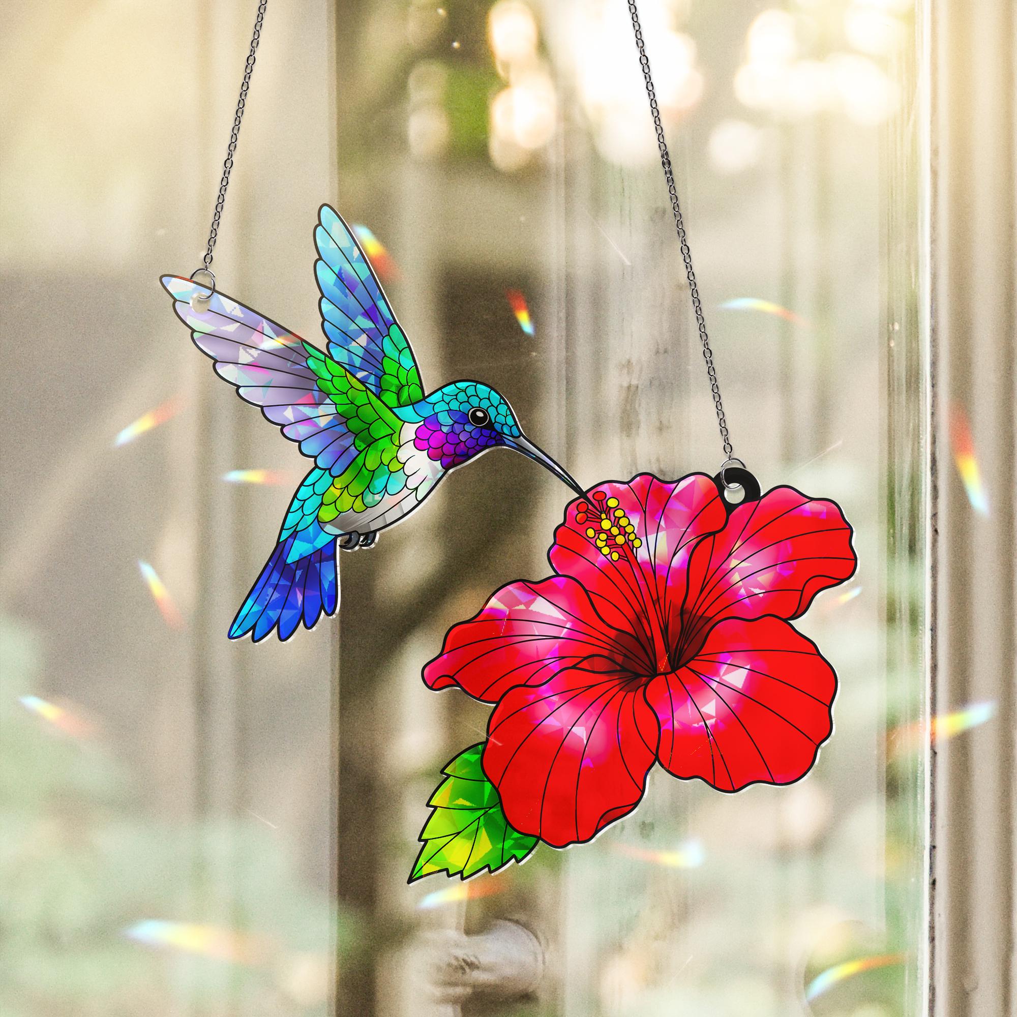 Hummingbird Hibiscus Hologram Acrylic Window Hanging Ornament, Vibrant Bird Flower Decor, Tropical Home Art Gift, Nature Lover Present