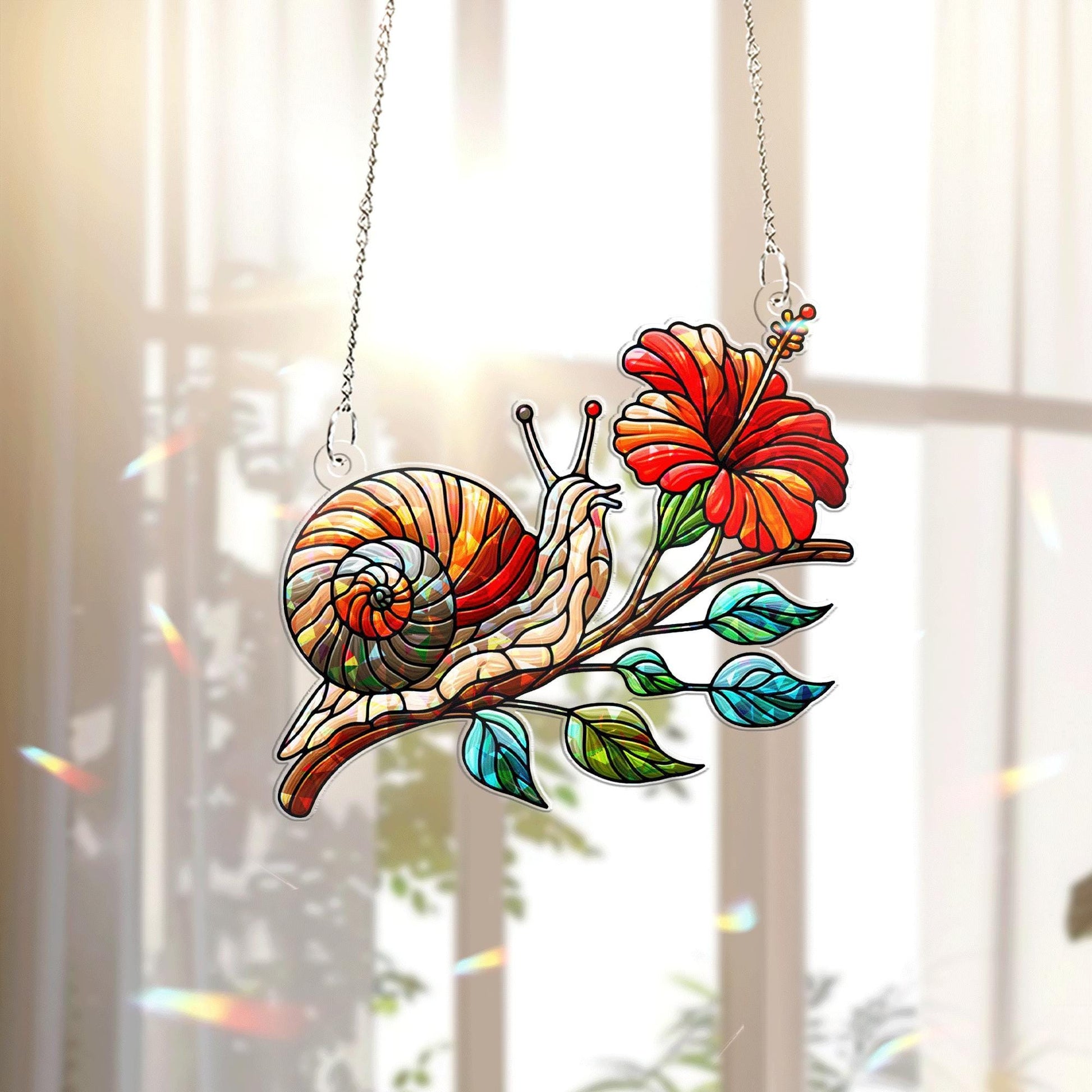 Snail and Hibiscus Flower Hologram Acrylic Window Hanging – Colorful Garden Decor, Nature-Inspired Window Ornament, Floral Lover Gift