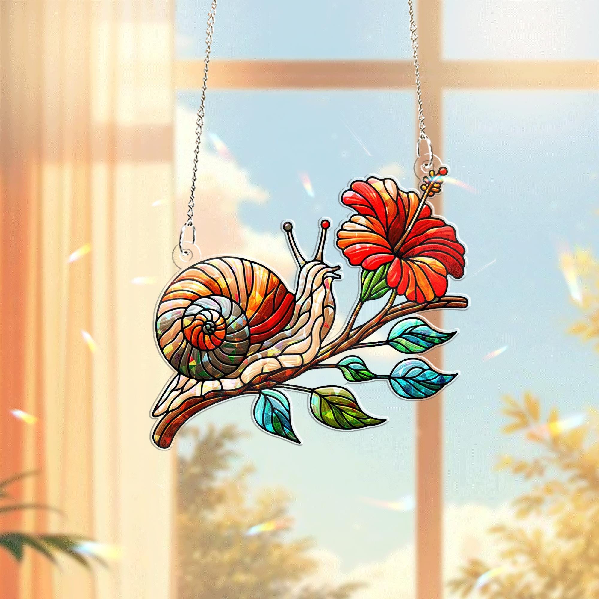 Snail and Hibiscus Flower Hologram Acrylic Window Hanging – Colorful Garden Decor, Nature-Inspired Window Ornament, Floral Lover Gift