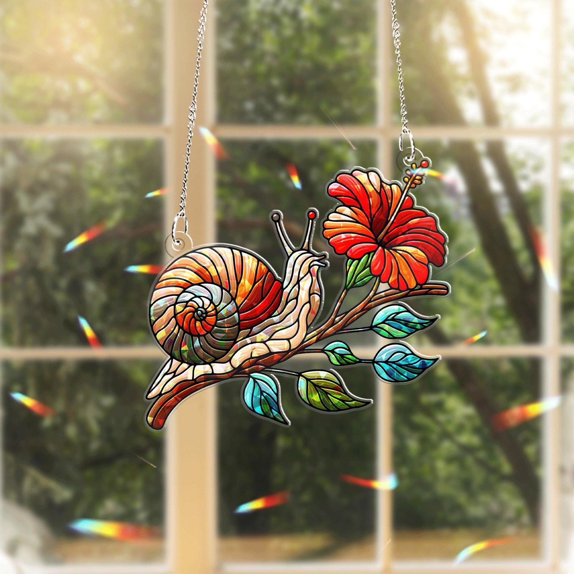 Snail and Hibiscus Flower Hologram Acrylic Window Hanging – Colorful Garden Decor, Nature-Inspired Window Ornament, Floral Lover Gift